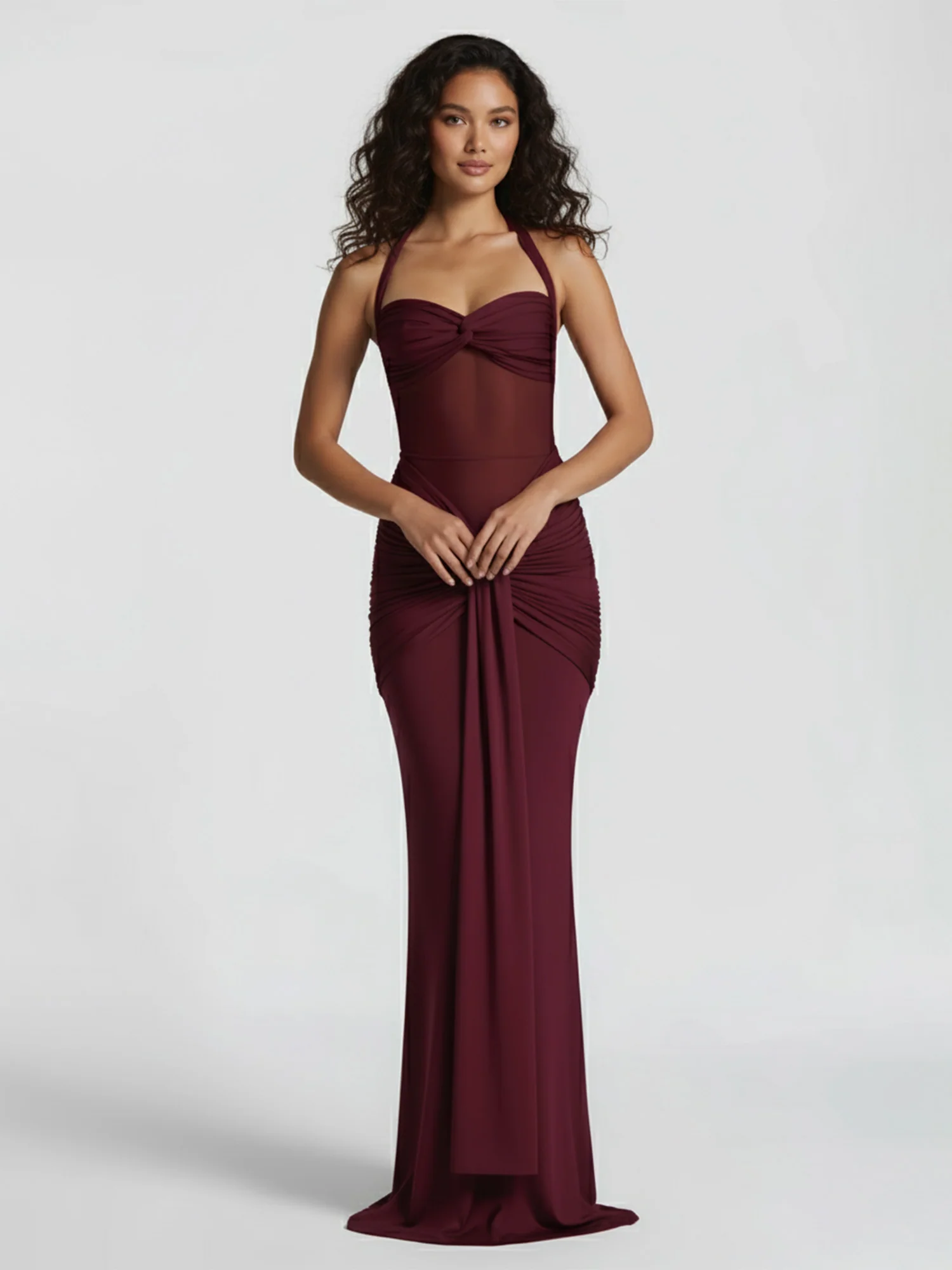 Red Draped Halter Maxi Dress Sheer Elegance