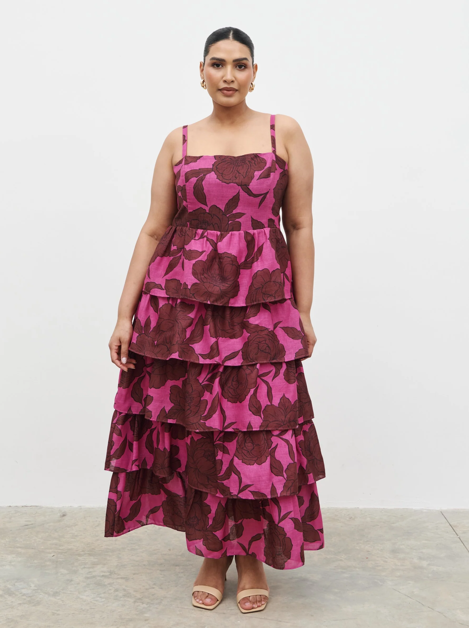 Aalyiah Square Neck Ruffle Midaxi Dress Curve - Brown and Fuchsia Floral