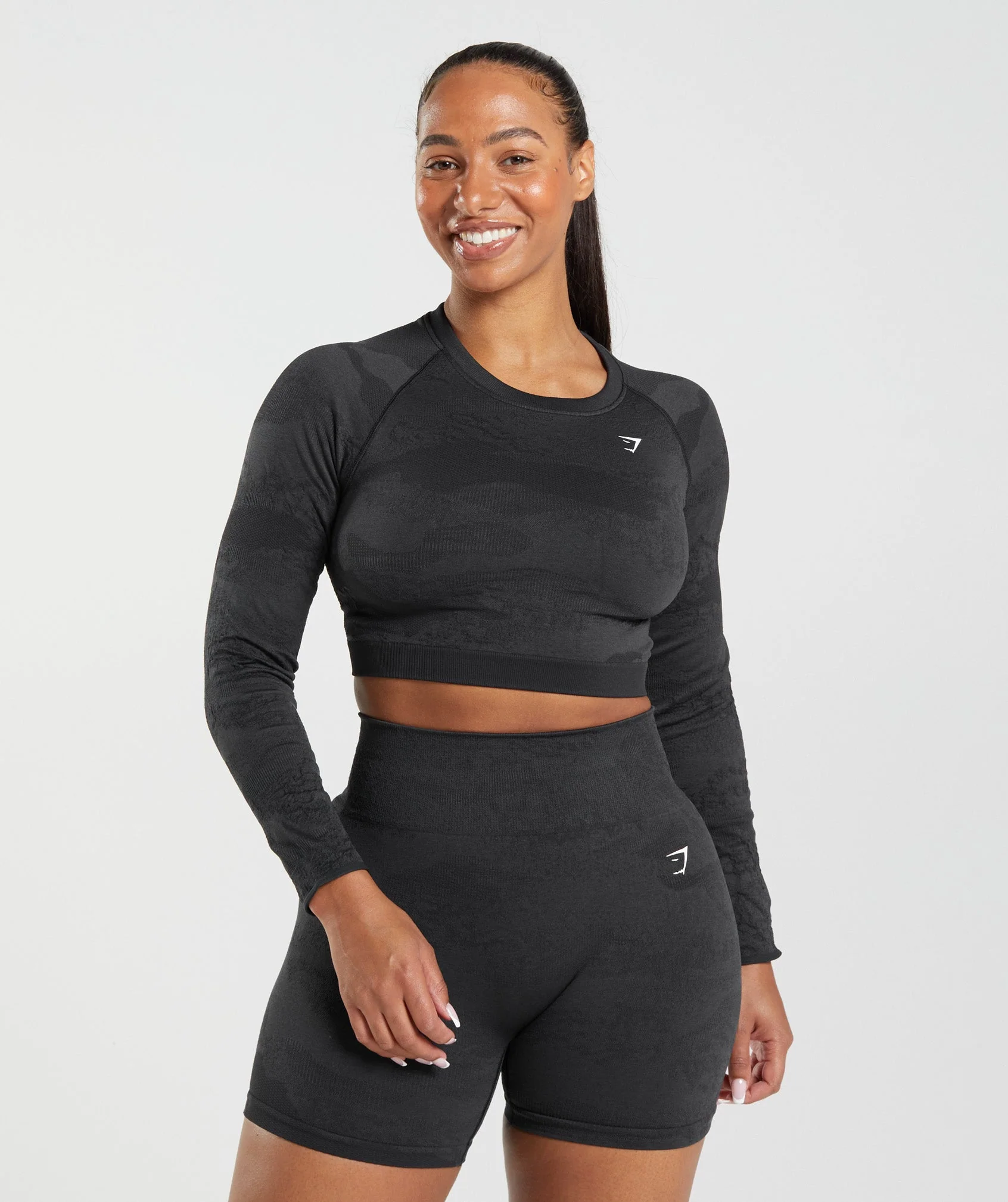 Adapt Camo Seamless Lace Up Back Top Black/Onyx Grey