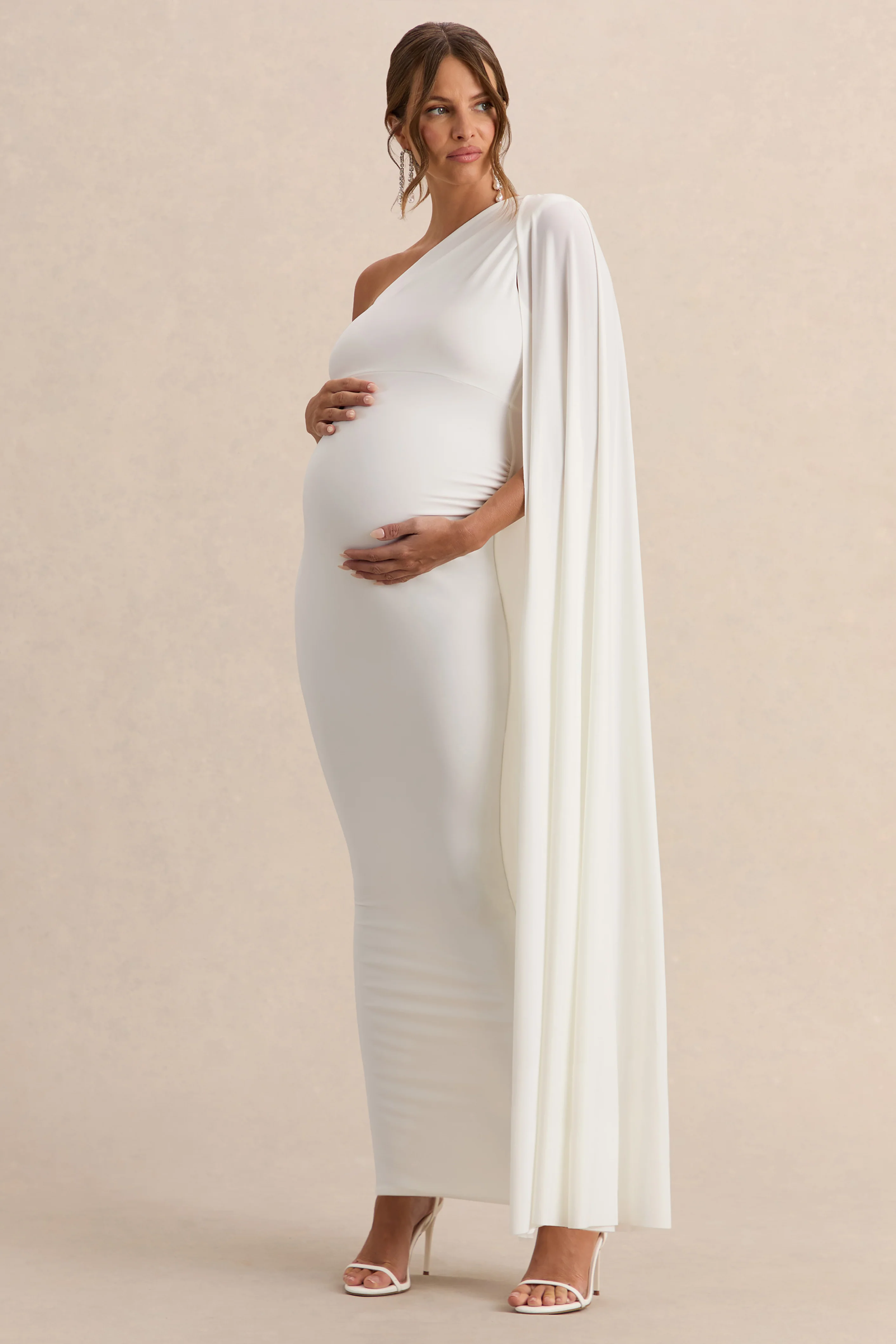 Amaryllis | White Maternity One Shoulder Maxi Dress with Cape Sleeve