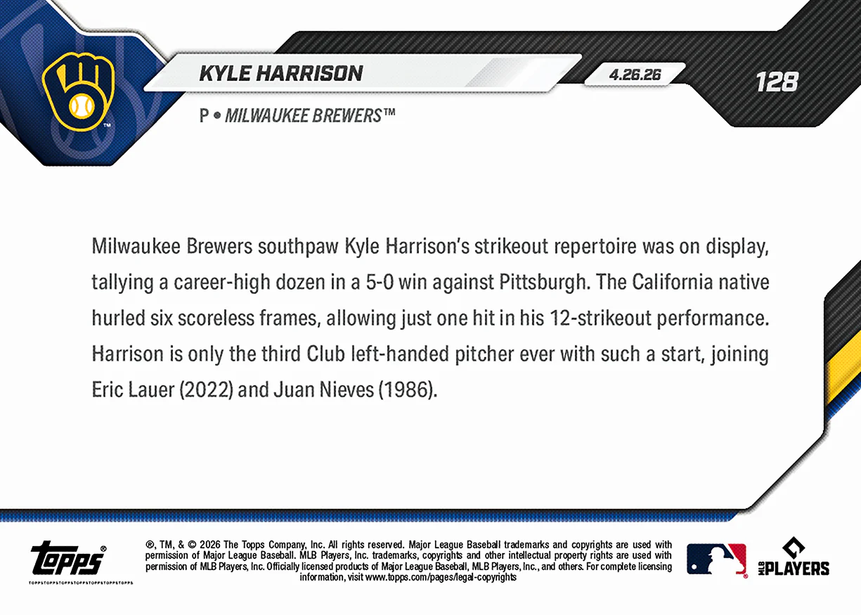 Kyle Harrison - 2026 MLB Topps NOW® - Card 128 - PR: 479