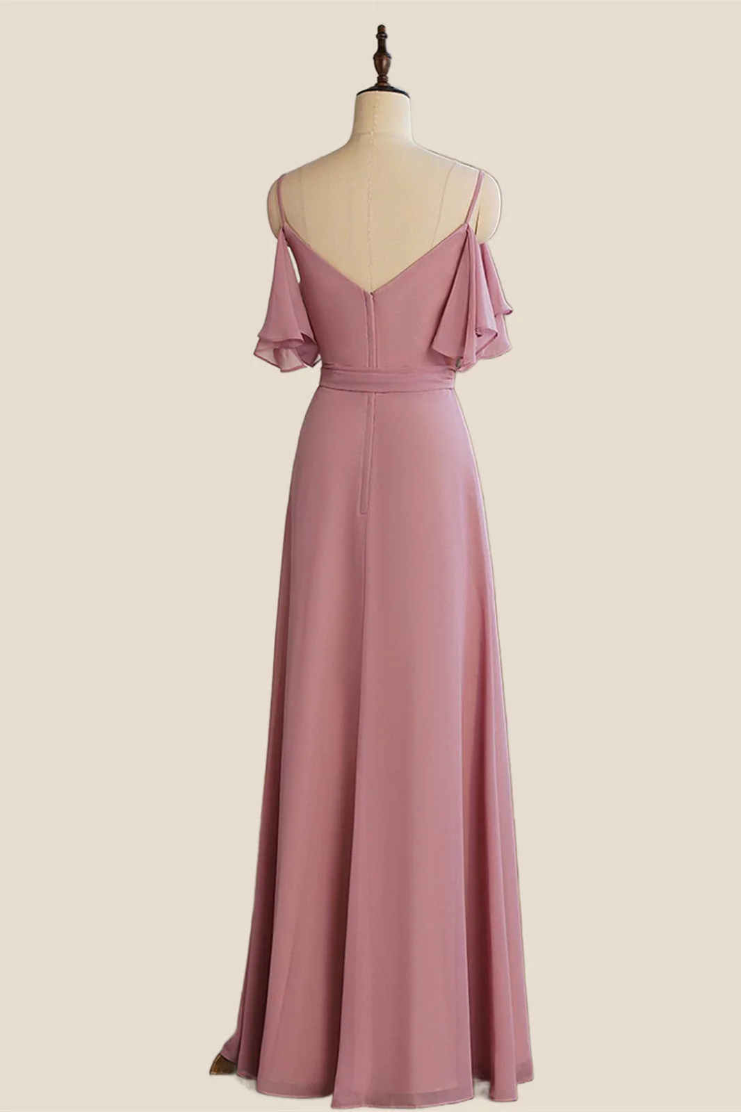 Spaghetti Straps Rose Pink Pleated Chiffon Bridesmaid Dress with Slit