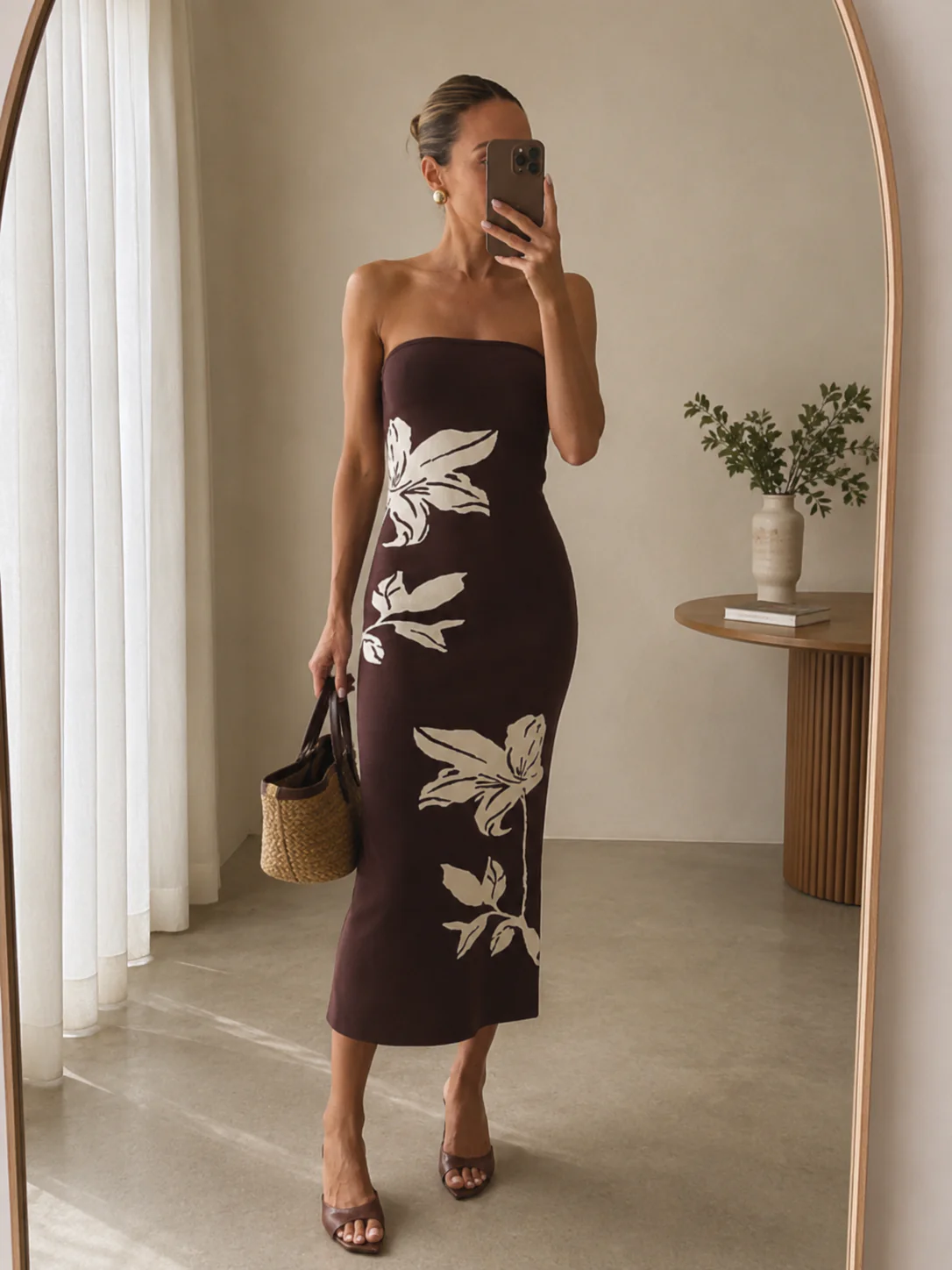 Milena Floral Bandeau Knit Midaxi Dress - Chocolate and Cream