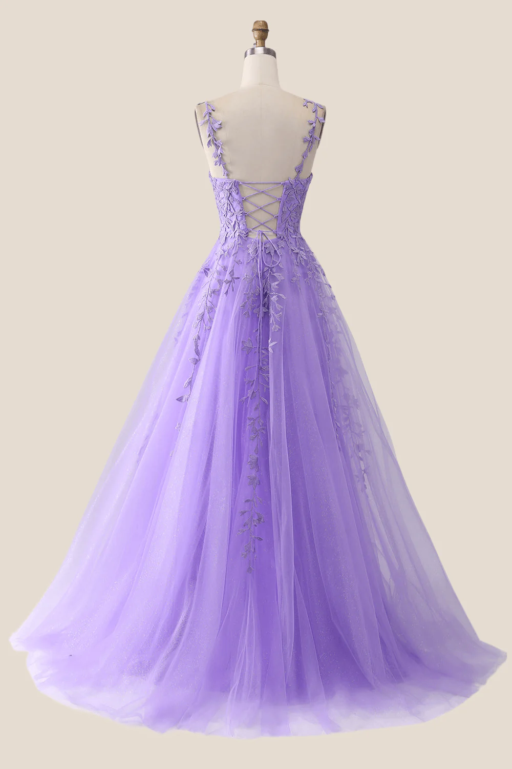 V Neck Lavender Lace A-line Long Prom Dress