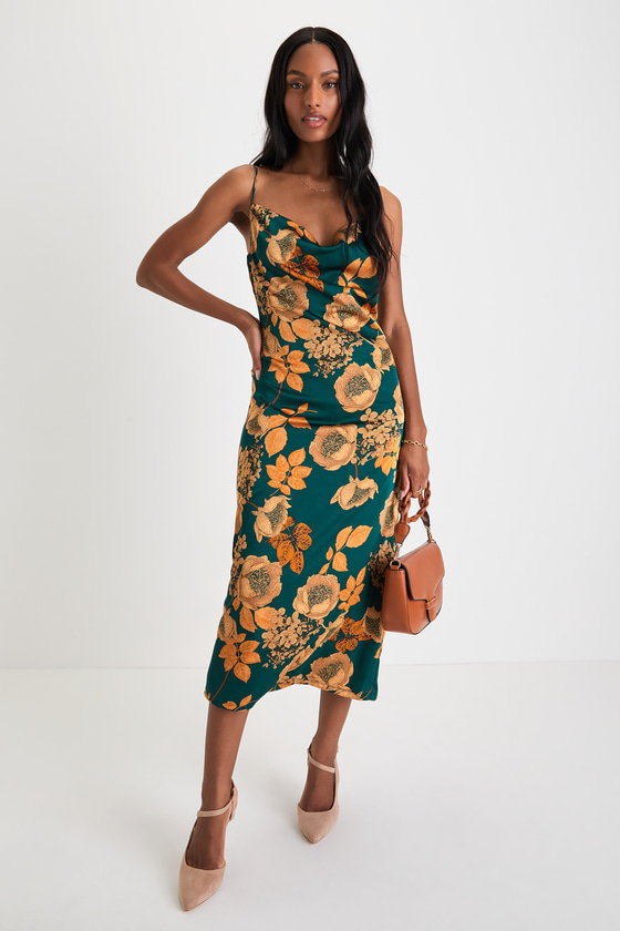 Green Floral Dress - Floral Satin Dress - Cowl Neck Midi Dress