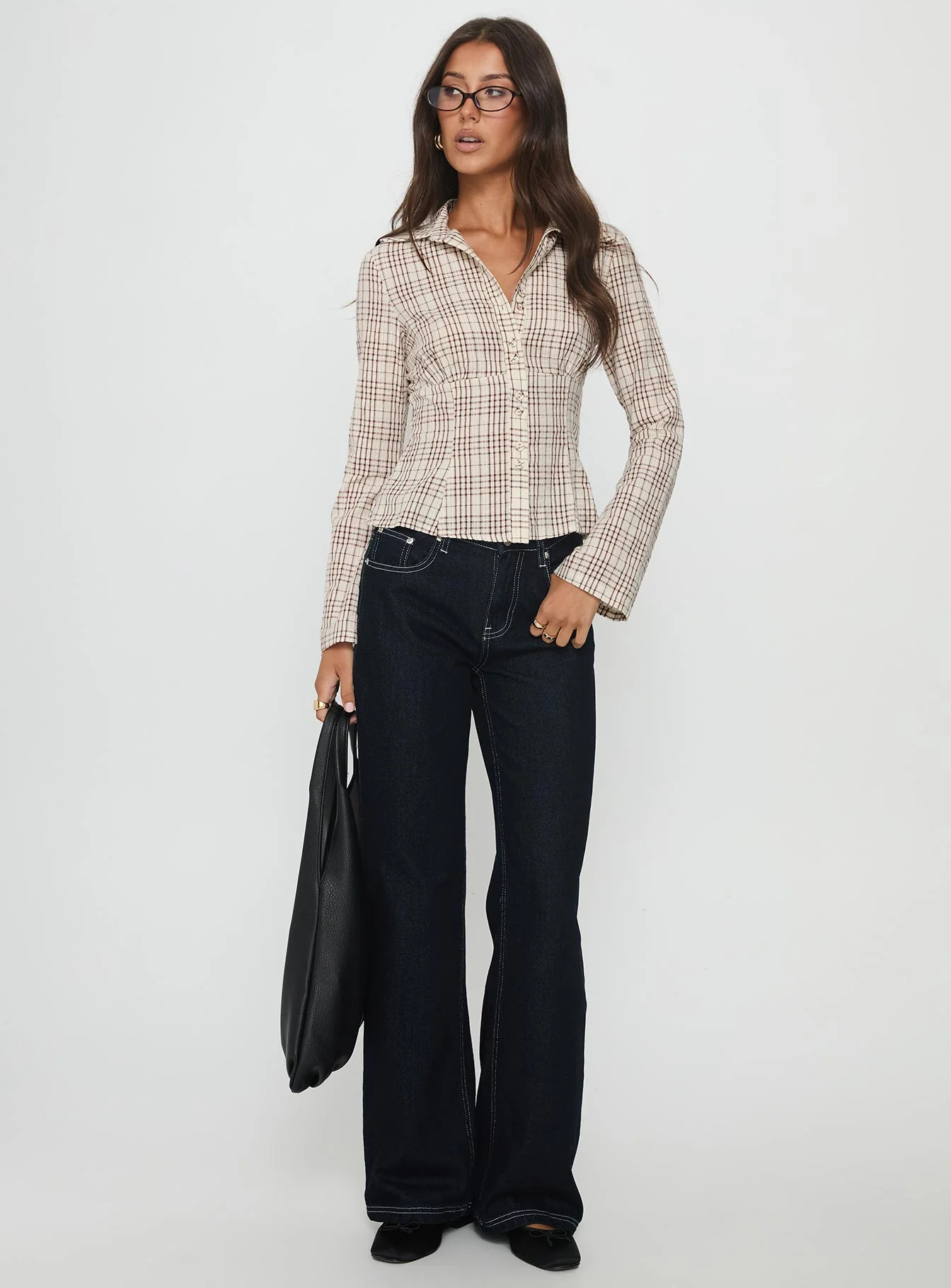 Cottesloe Long Sleeve Blouse Top Brown Check