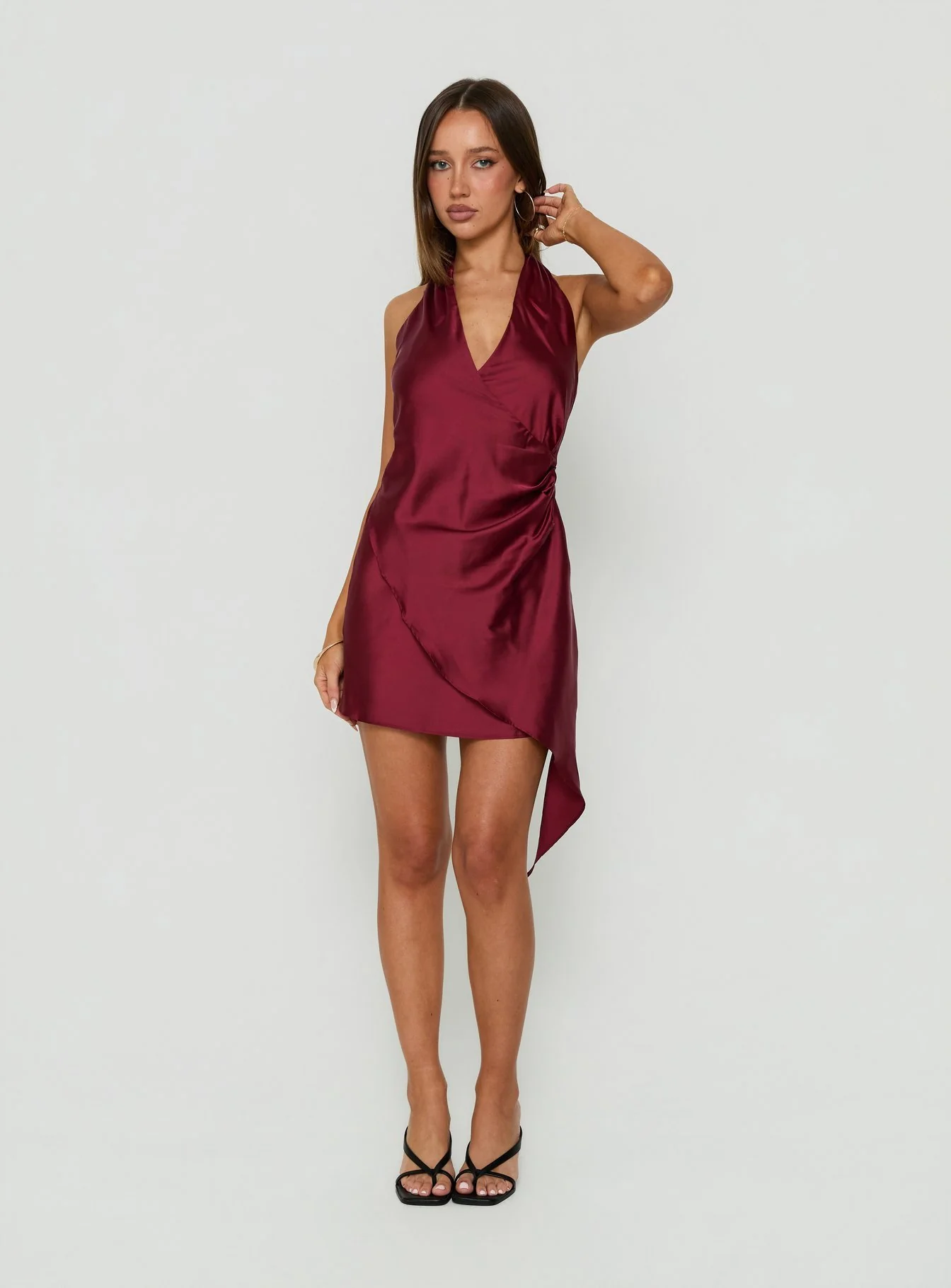 Landree Wrap Halter Satin Mini Dress Burgundy