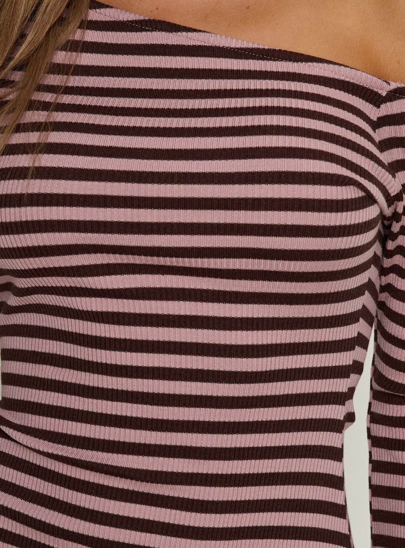 Adrietta Long Sleeve Off Shoulder Mini Dress Chocolate / Pink Stripe