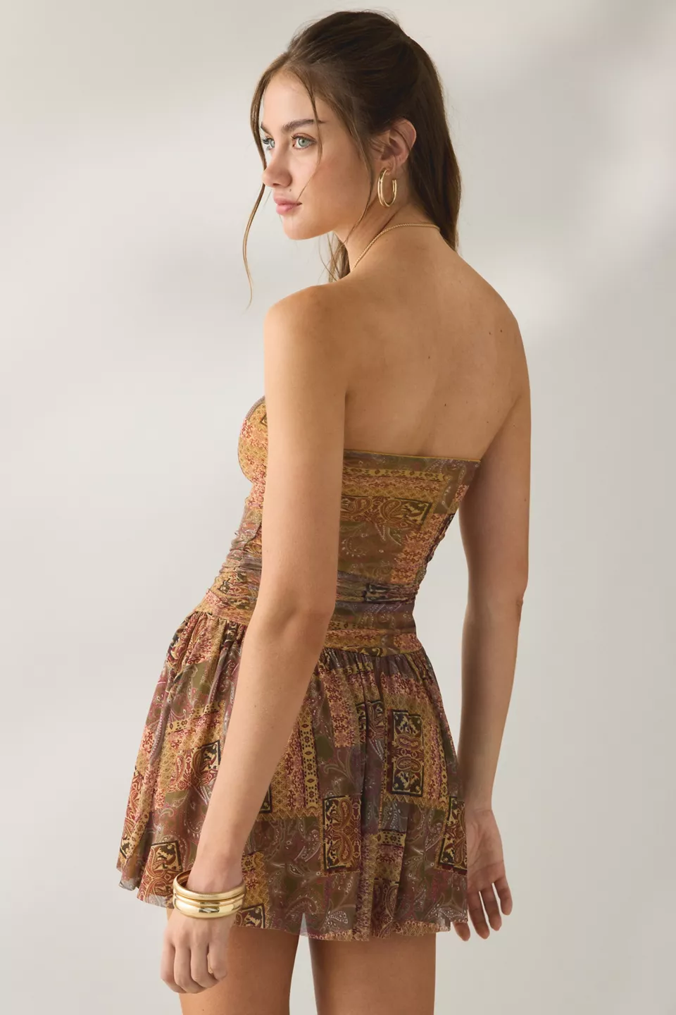 UO Modern Mesh Basque Waist Strapless Mini Dress