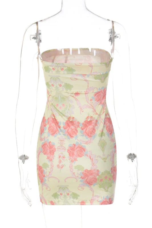 Strapless Apricot Floral Print Bodycon Short Dress