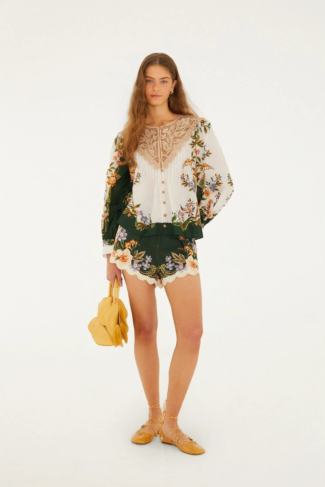 Green Berry Garden Beaded Buckle Twill Shorts