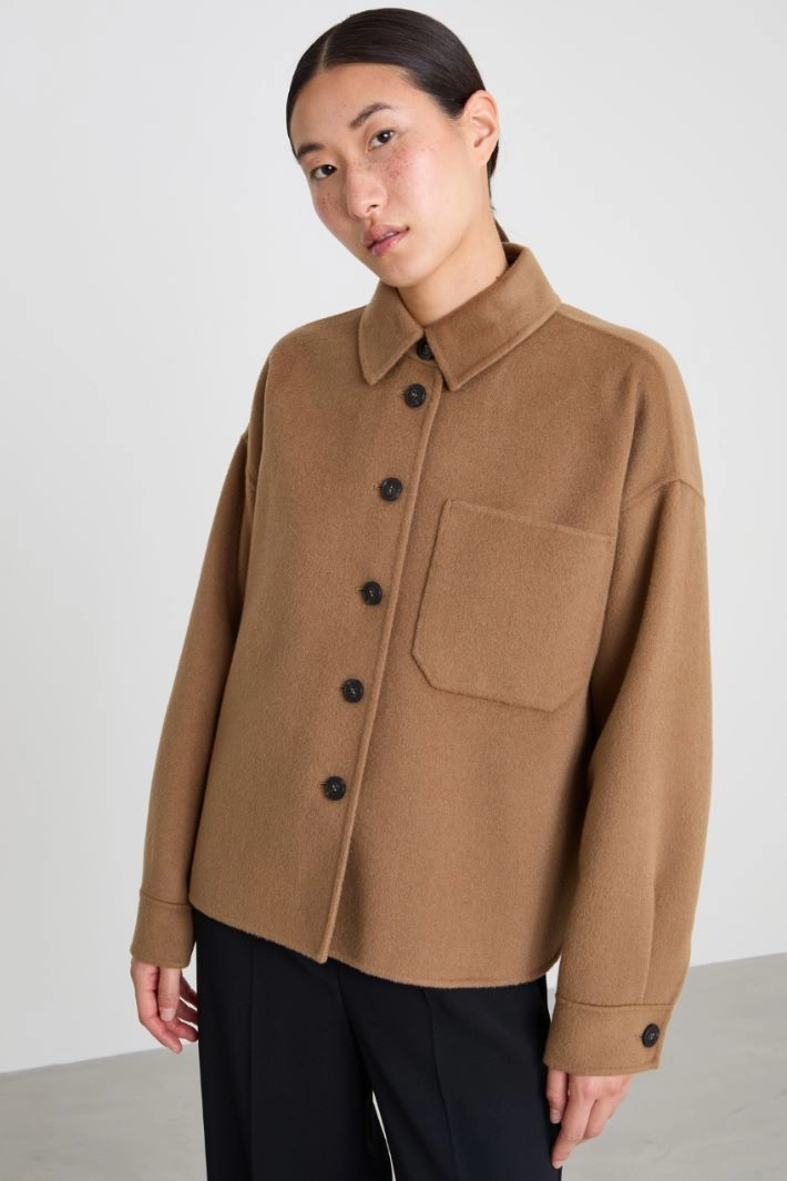 Single-breasted double wool pea coat - CAMEL