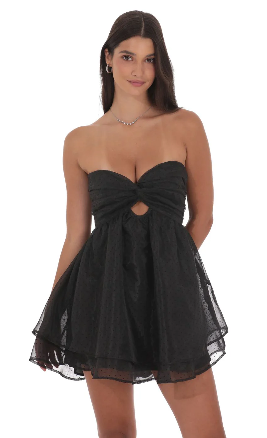 Dotted Cutout Babydoll Dress in Black