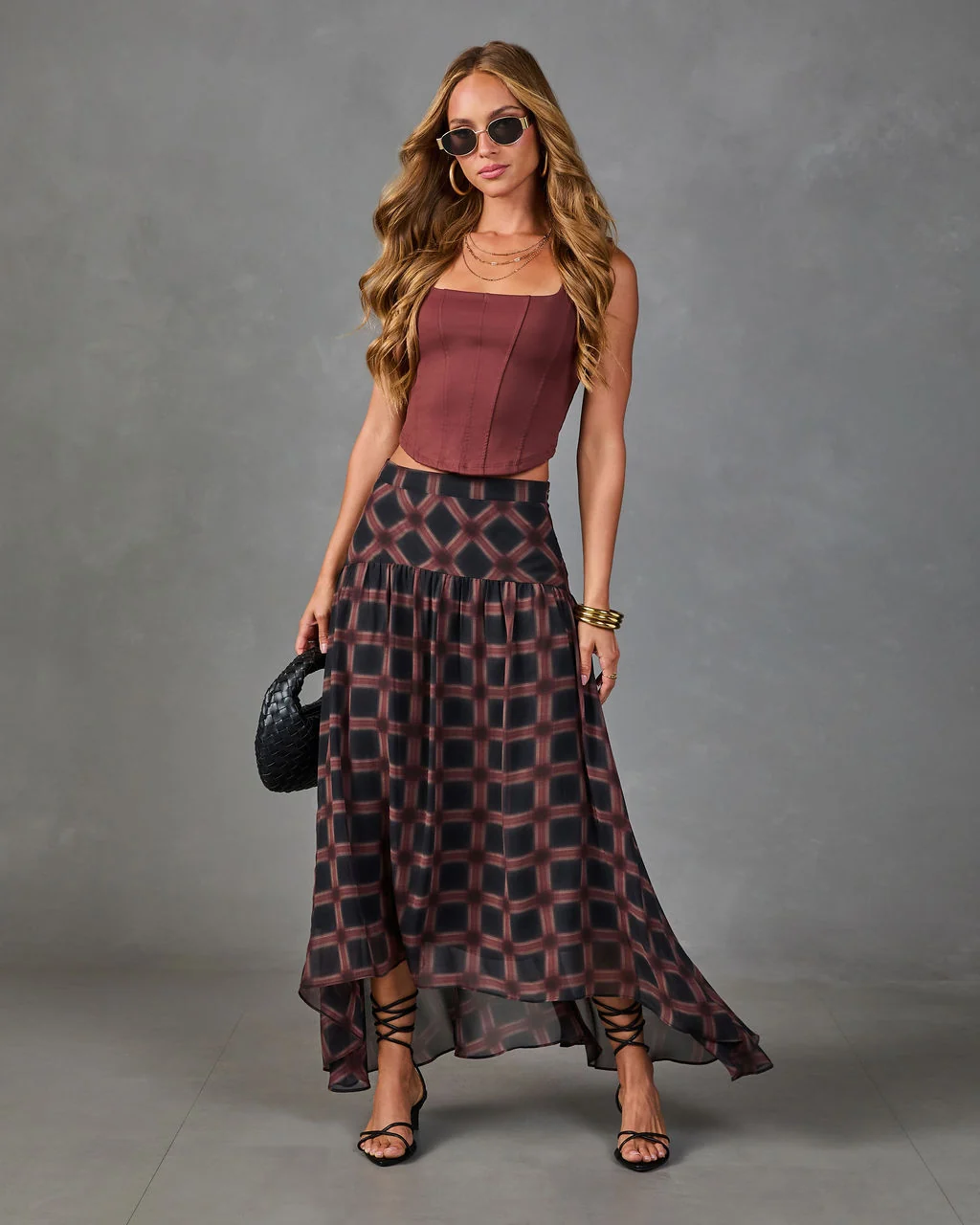 Prep Season Plaid Chiffon High Low Midi Skirt