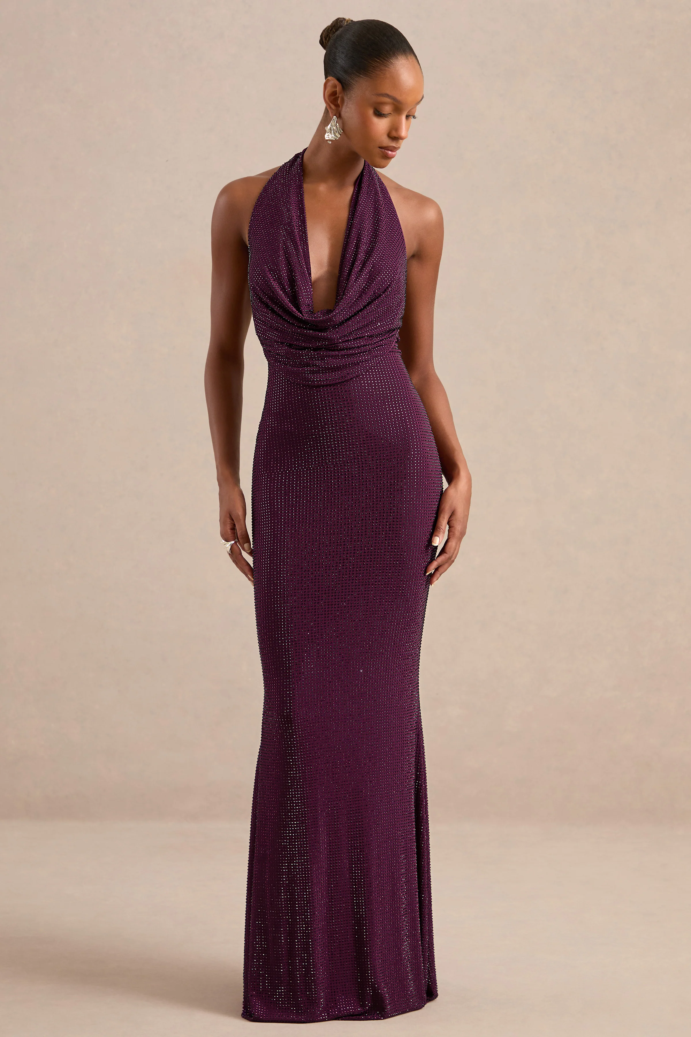 Aleia | Purple Embellished Plunge Maxi Dress With Low Back