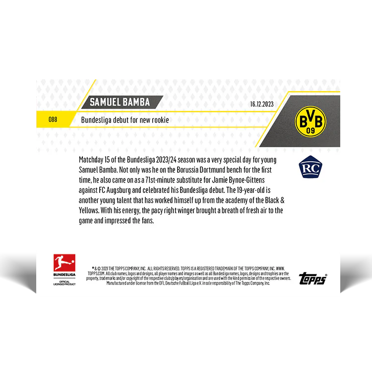 Topps UK - Samuel Bamba - Bundesliga debut for new rookie - Bundesliga TOPPS NOW® Card #88