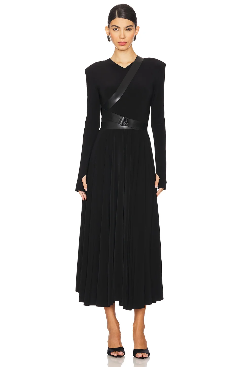 Long Sleeve Shoulder Pad V Neck Flared Dress