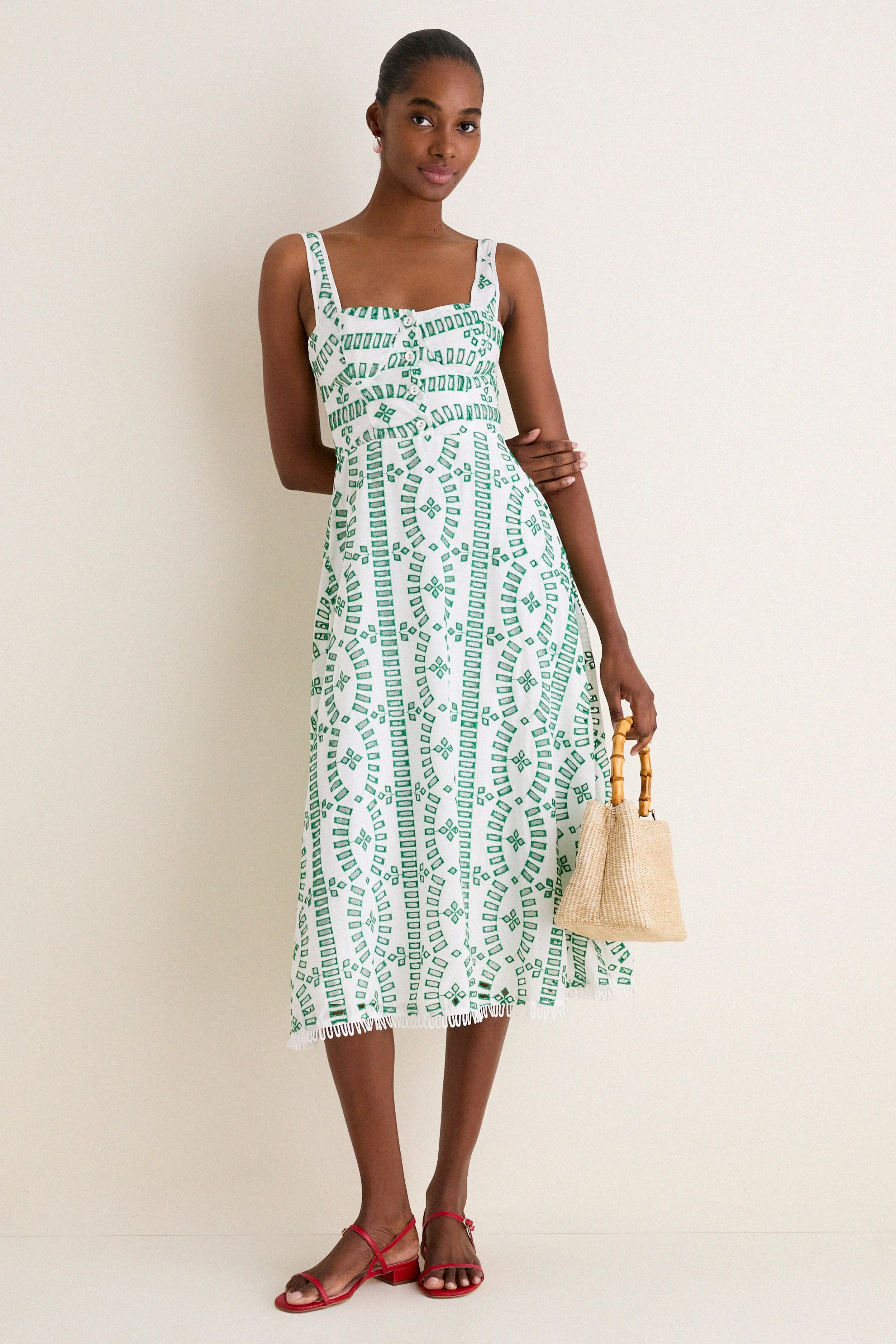 Green Multi Embroidered Detail Midi Dress
