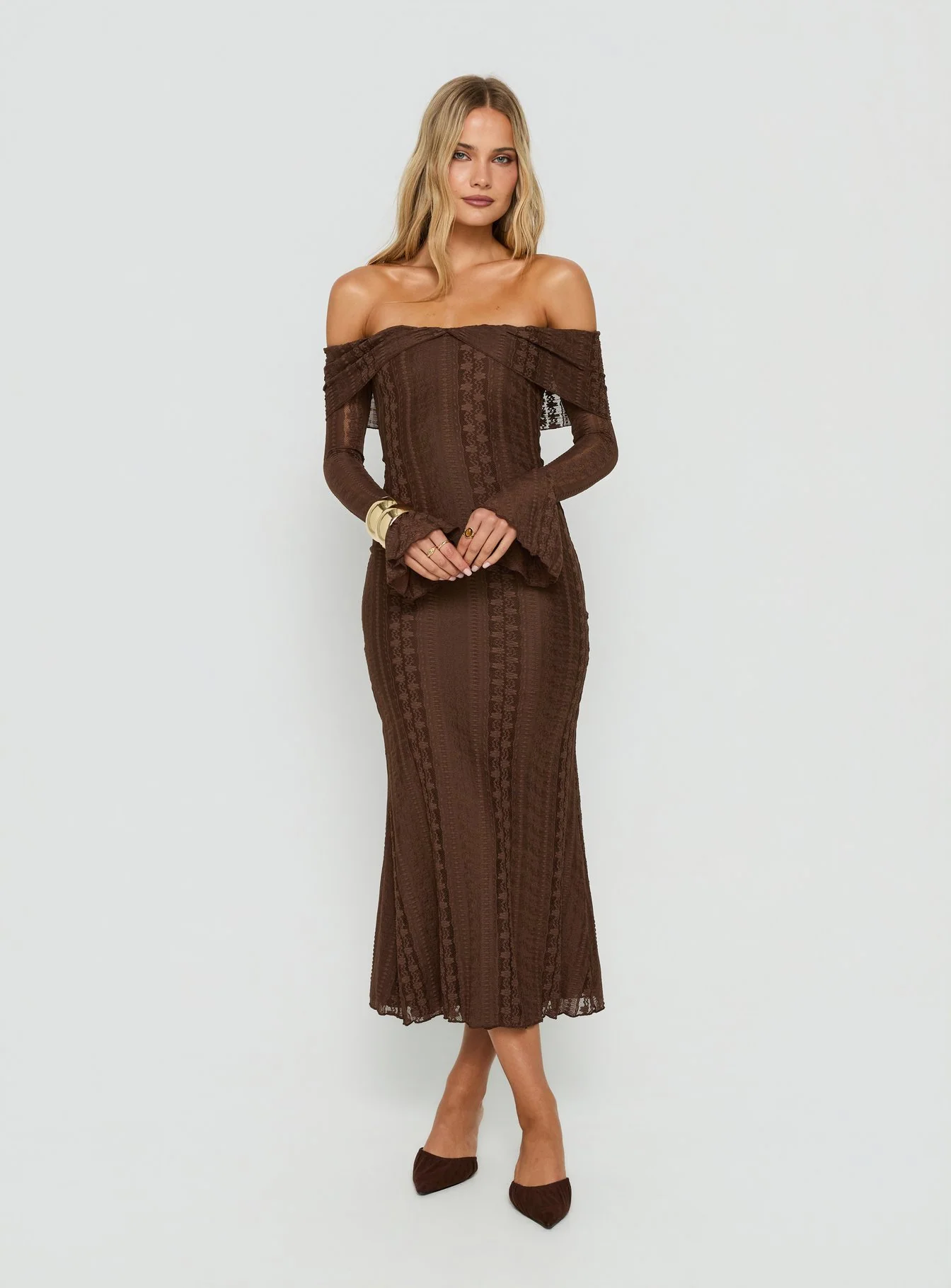Perdita Long Sleeve Lace Maxi Dress Dark Brown