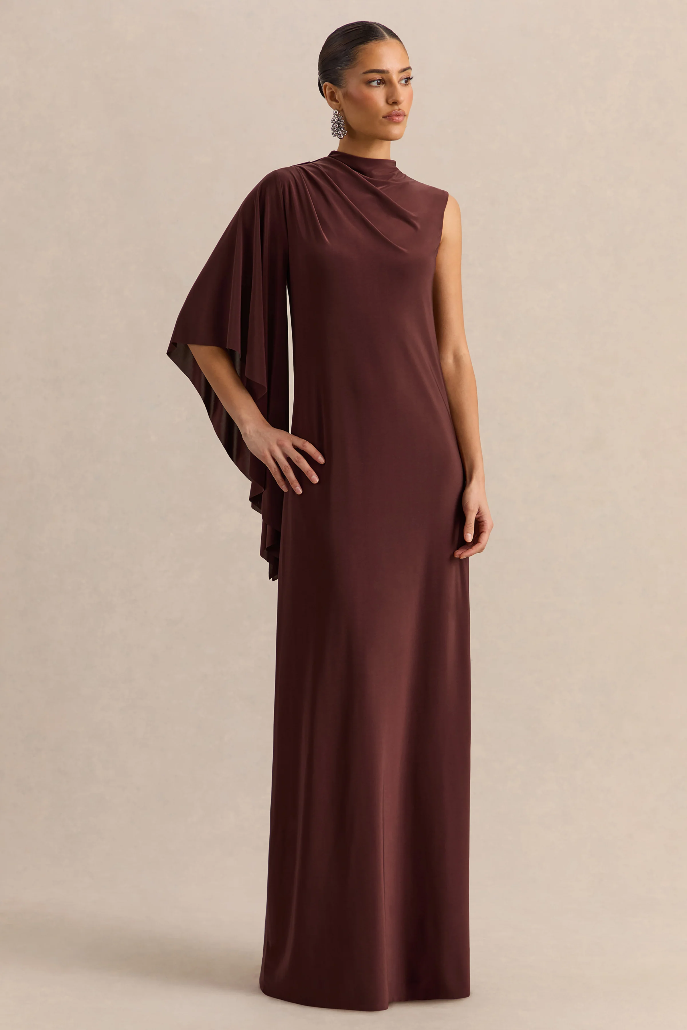 Marosia | Brown High-Neck Maxi Dress With Cape Sleeve