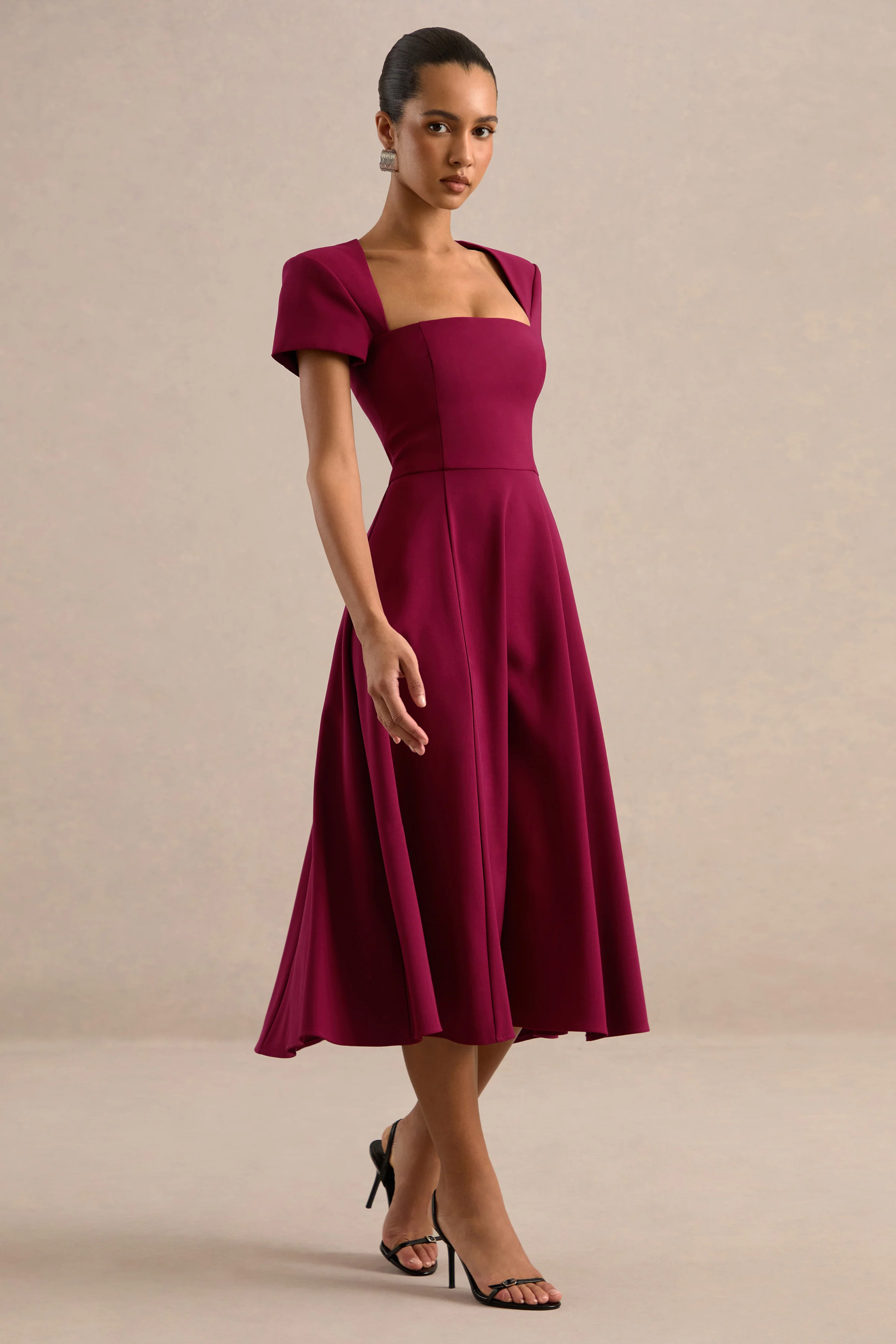 Donia | Burgundy Square Neck Short Sleeve A-Line Midi Dress