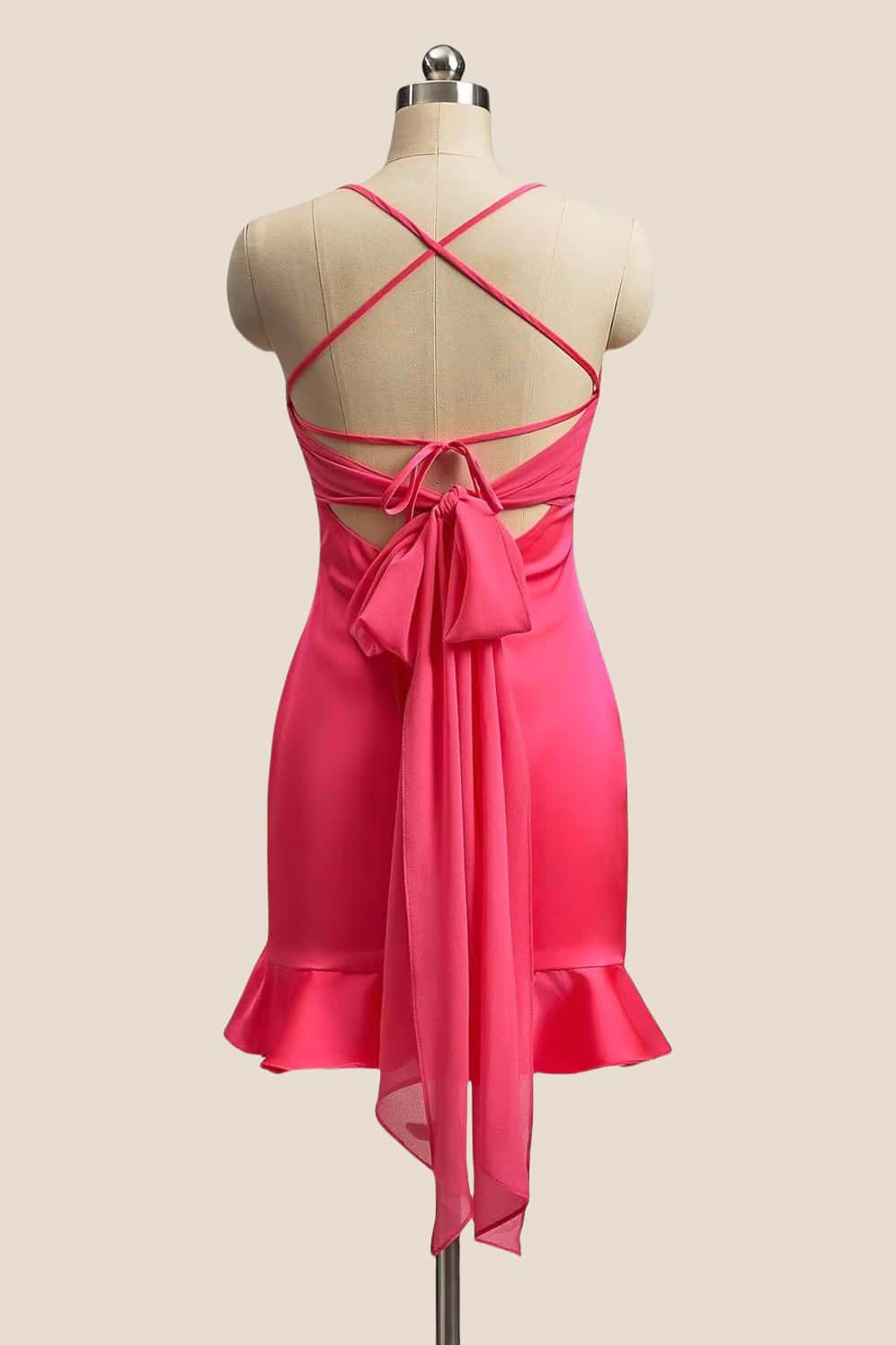 Straps Hot Pink Ruched Ruffle Fitted Dress