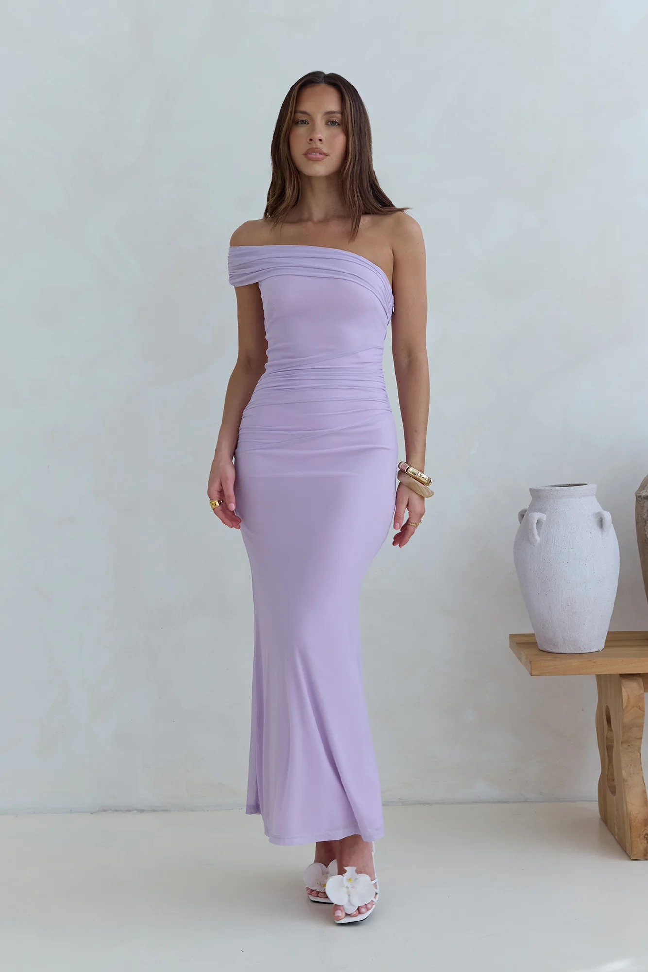 Dahlia One Shoulder Mesh Maxi Dress Lilac