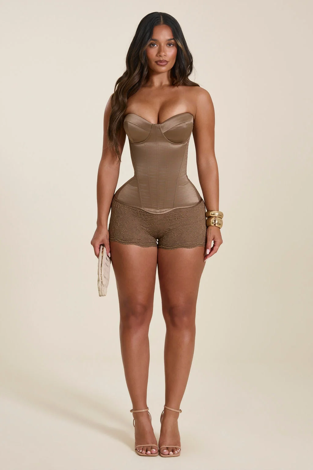 The Sasha Satin Corset Top in Soft Brown
