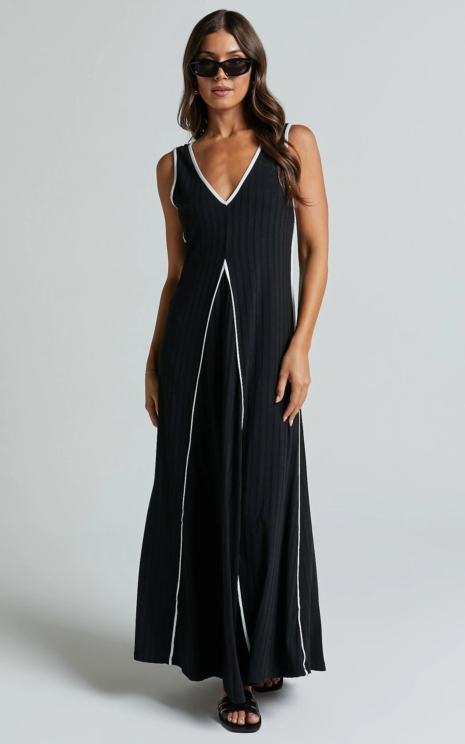 Cathleen Midi Dress - Ribbed Sleeveless Low Back Dress in Black