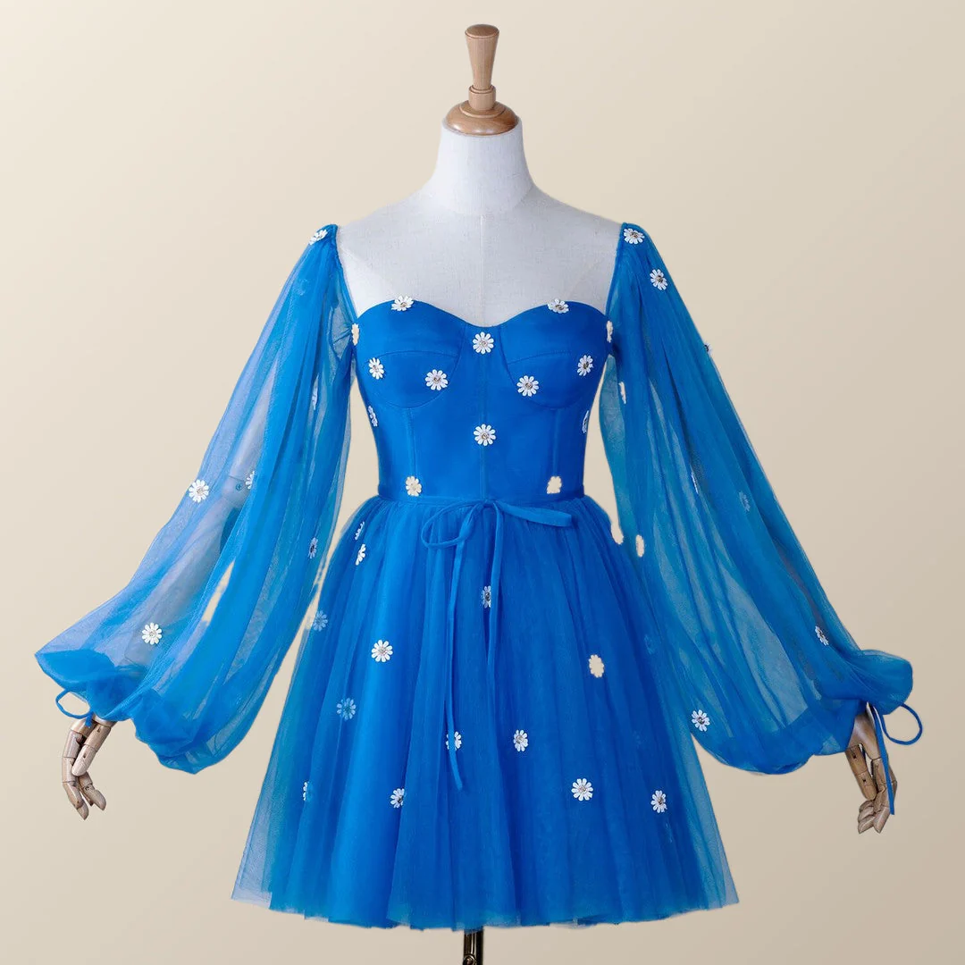 Daisy Embroiderd Blue Puffy Sleeves Mini Dress