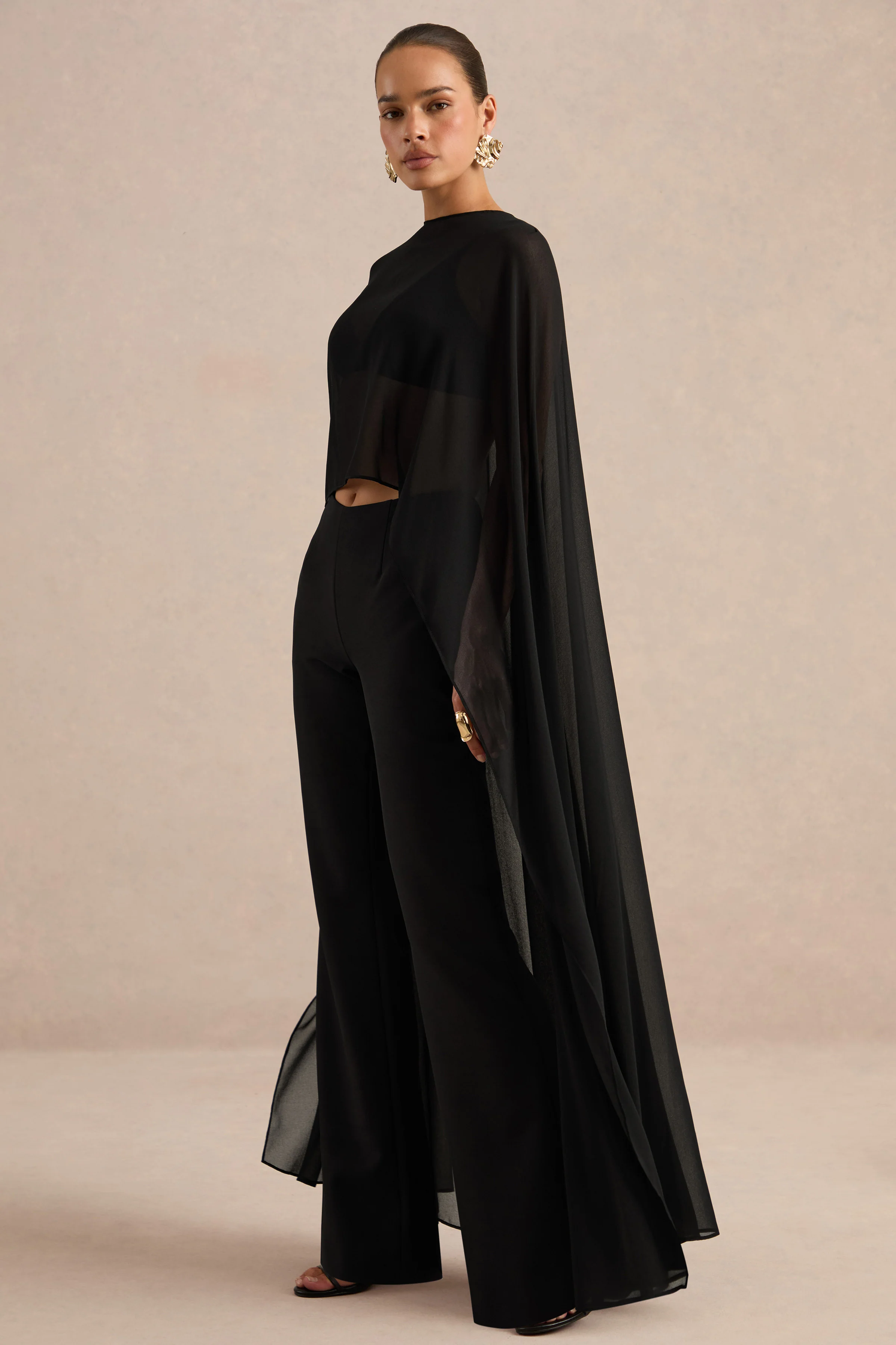 Yanina | Black Chiffon Round Neck Long Sleeve Cape Top