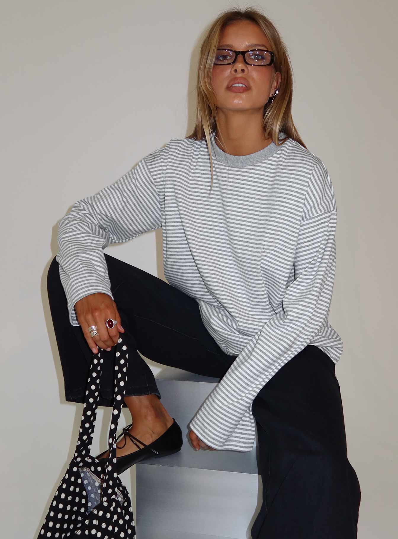 Settle Down Long Sleeve Top Grey / White Stripe