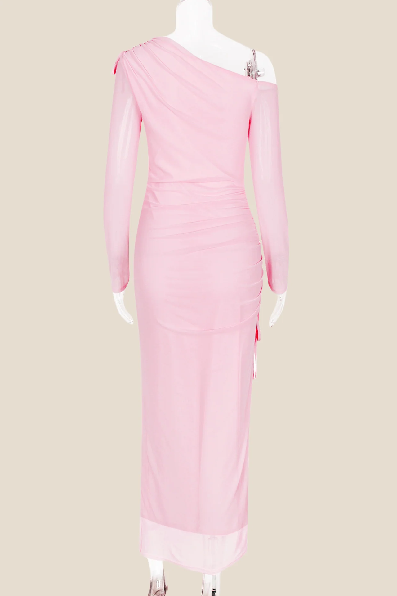 Long Sleeves Pink Ruched Long Dress with Slit