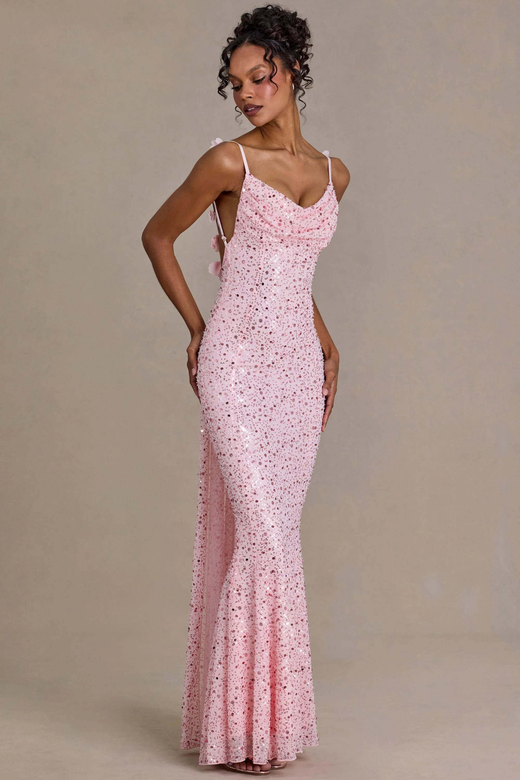 Embellished Open-Back Maxi Dress in Baby Pink