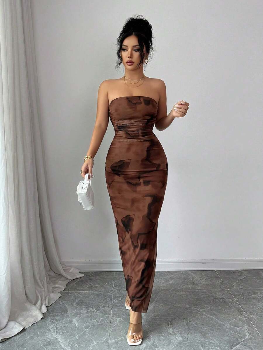 Rafferiza Ladies Elegant Pleated Smudged Mesh Print Waist Bandeau Dress Party Slit Dress, Brown Contrast Bandeau Dress, Mesh Hip Wrapping Tight Printed Dress
