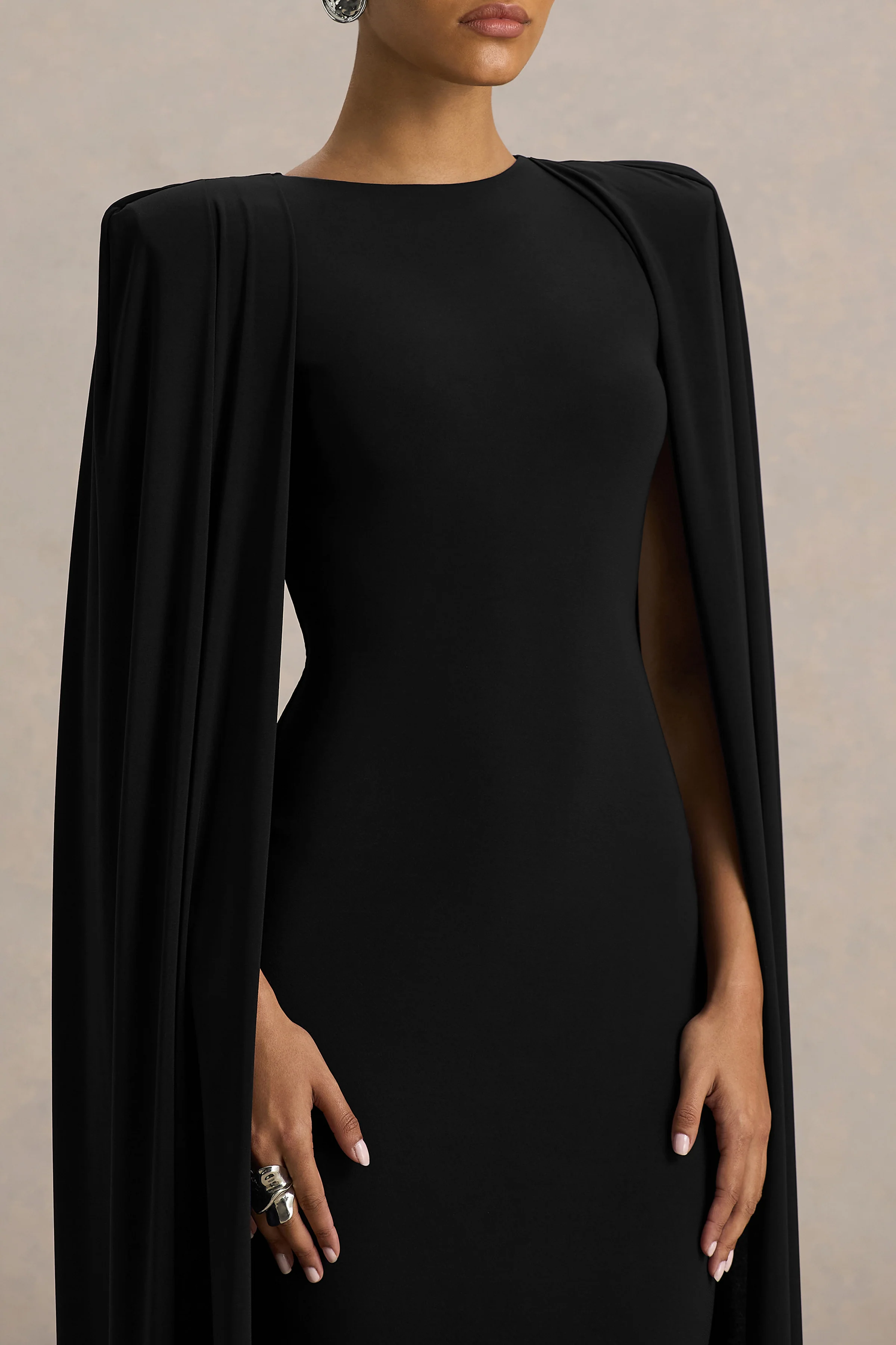 Mimi | Black Jersey Round Neck Long Sleeve Maxi Dress With Cape