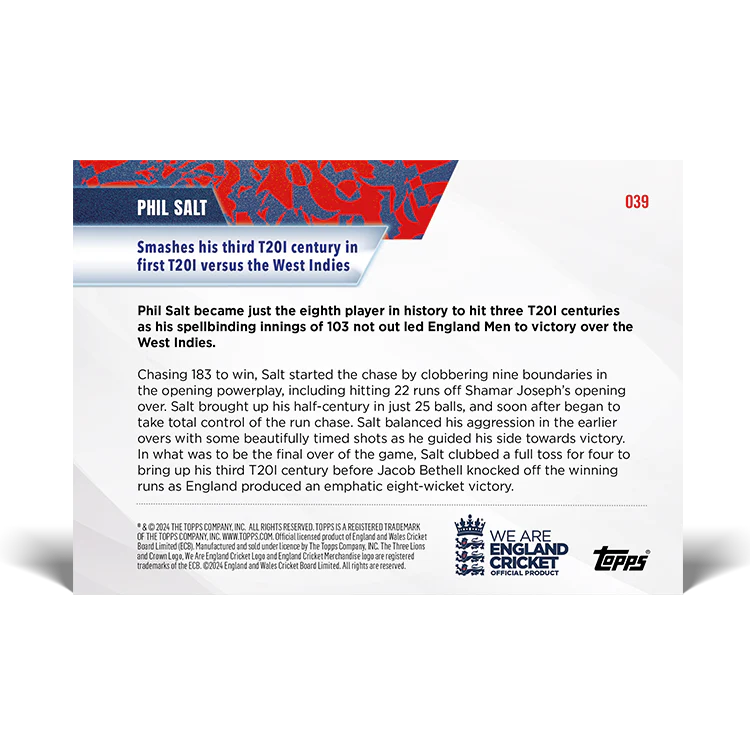Phil Salt - Smashes his third T20I century in first T20I versus the West Indies  - 23/24 ECB Topps NOW® Card 39