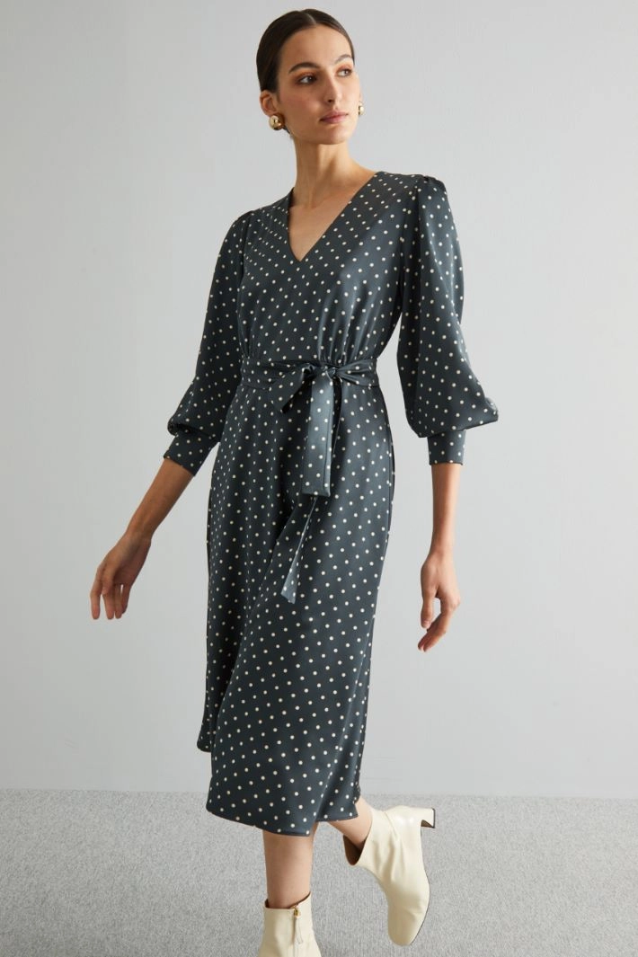 Midi dress with sash - MEDIUM GREY WHITE