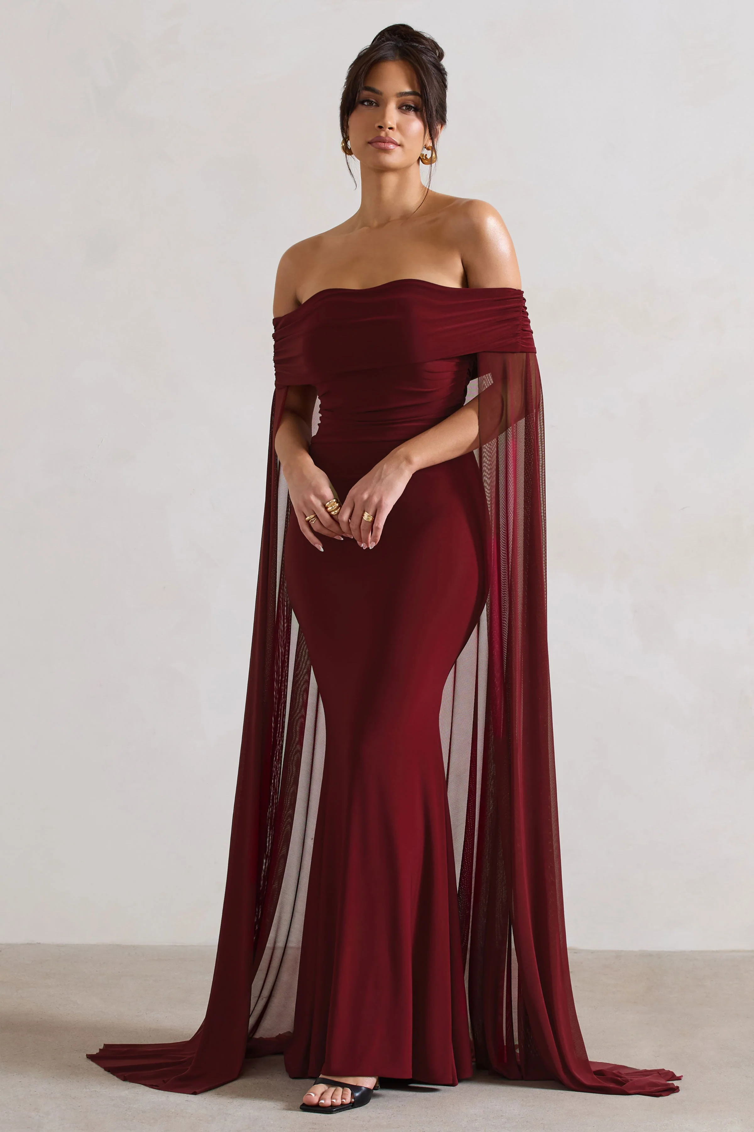 Carlotta | Berry Bardot Maxi Dress With Chiffon Cape