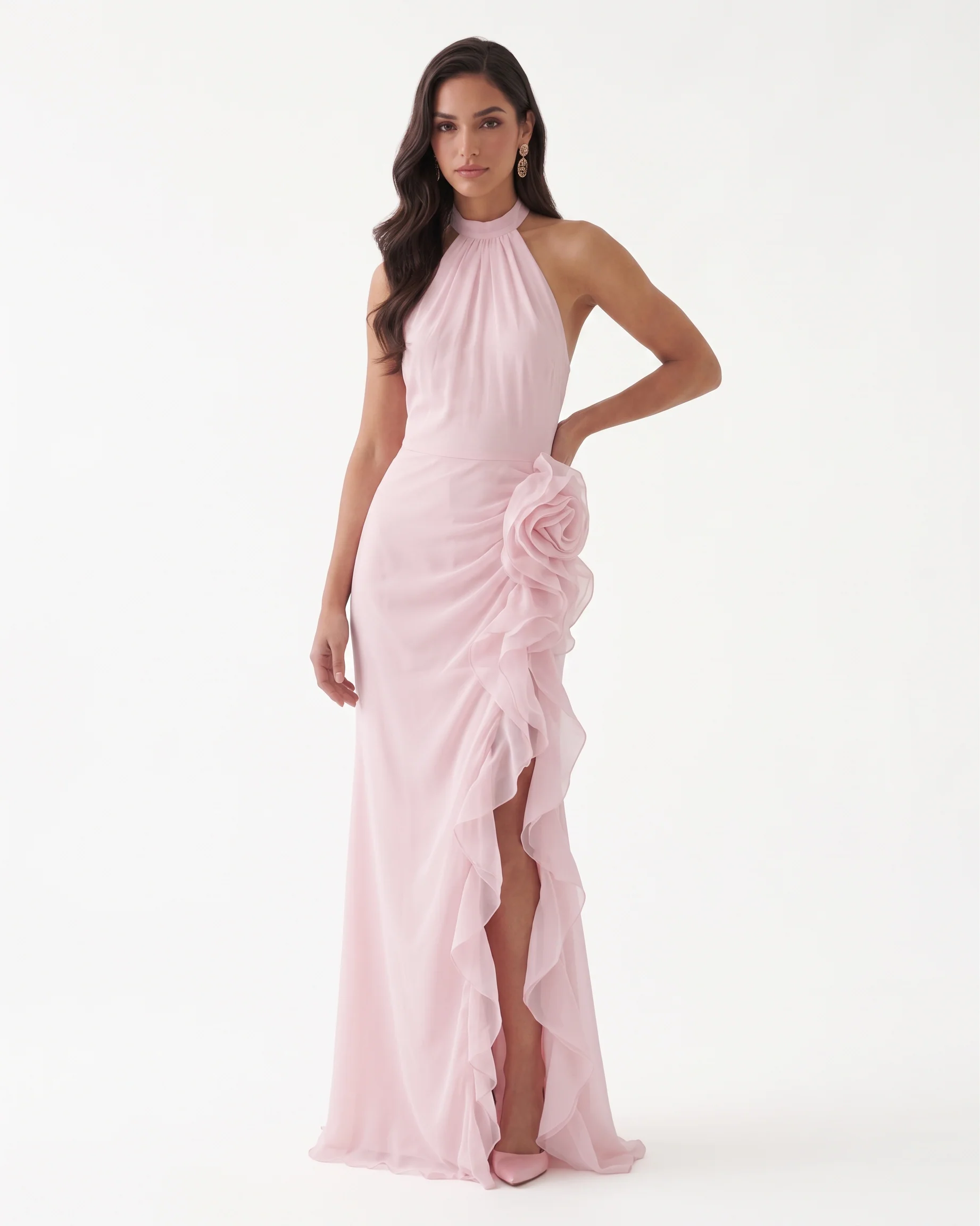 Halter Ruffle Rosette Slit Maxi Dress - Light Pink