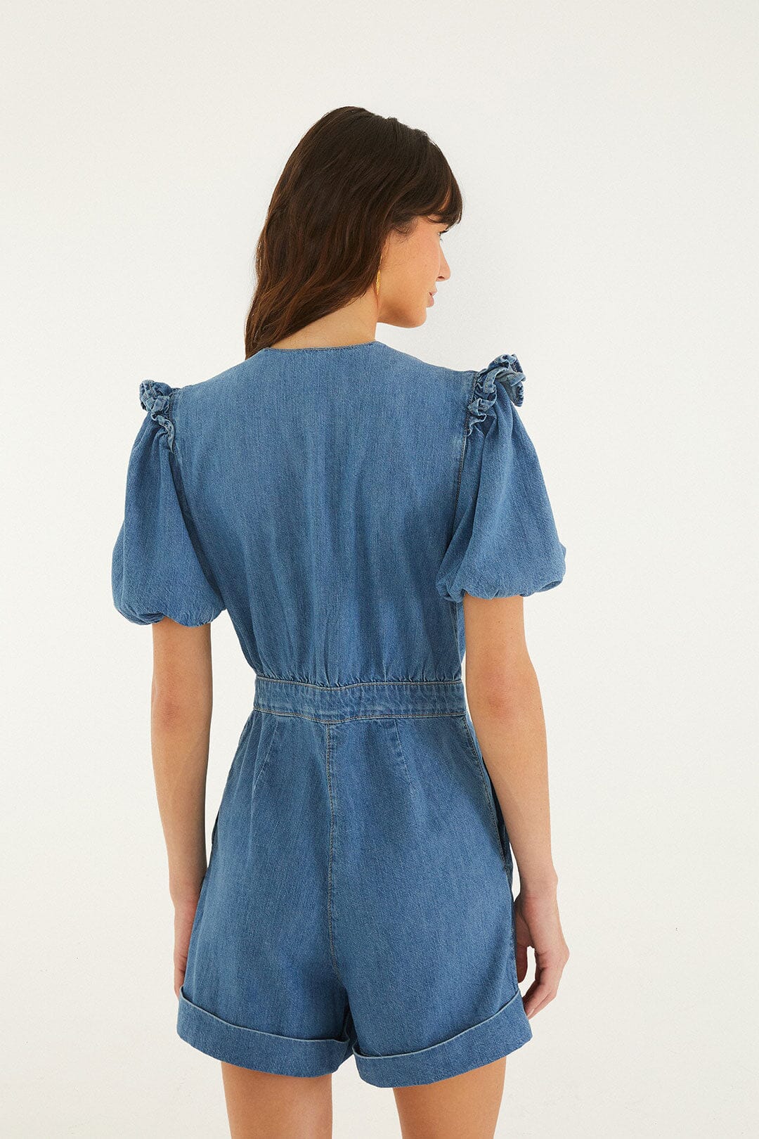Denim Ruffled Puff Sleeve Romper