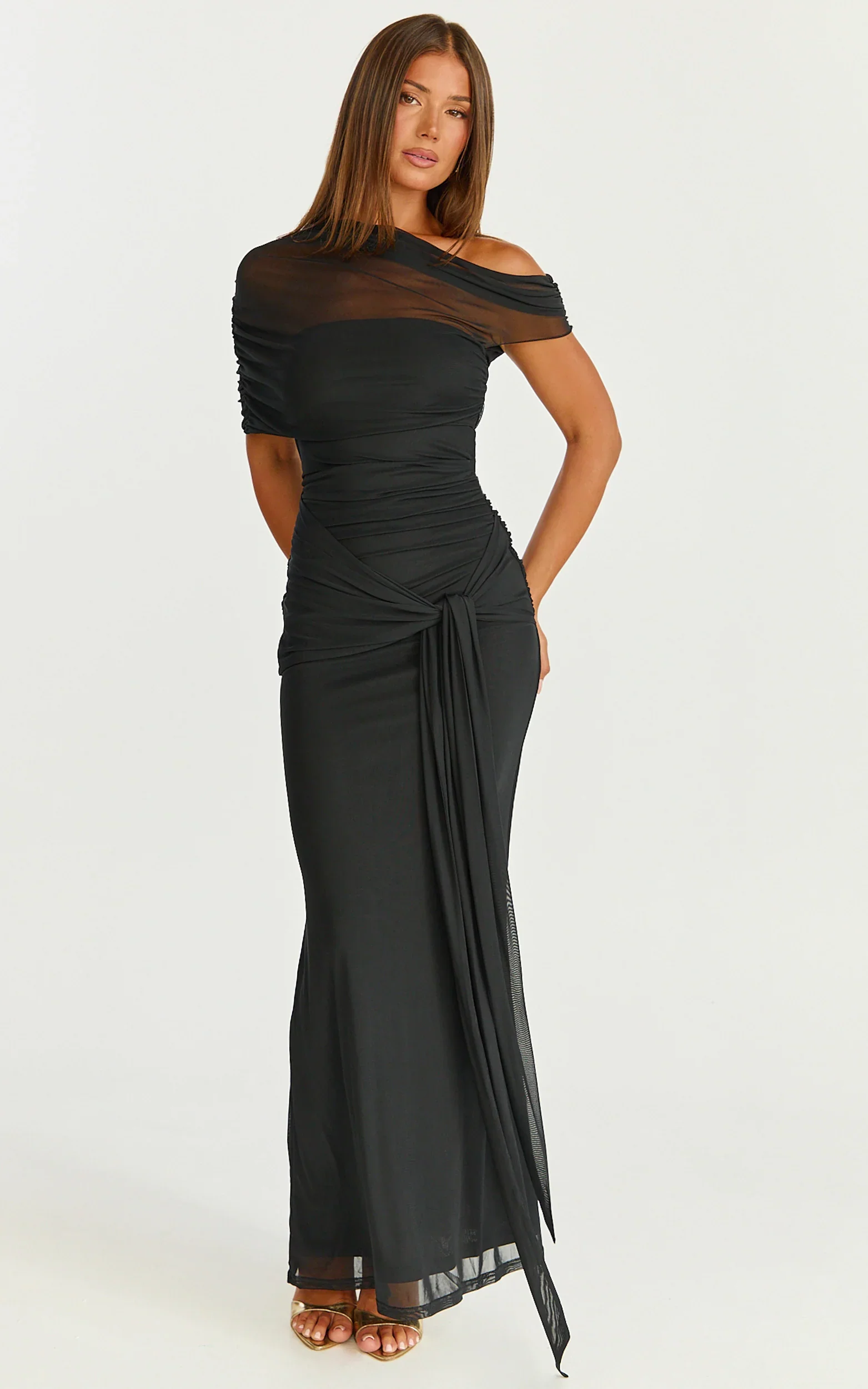 Nicolette Maxi Dress - Cape Sleeve Off Shoulder Dress in Black