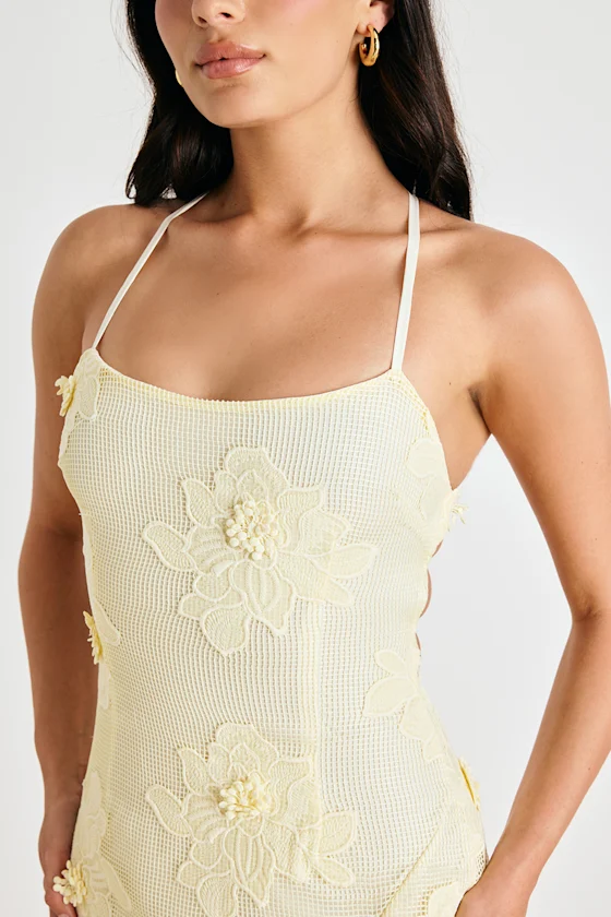 Dominia Pale Yellow Embroidered Lace-Up Mini Dress