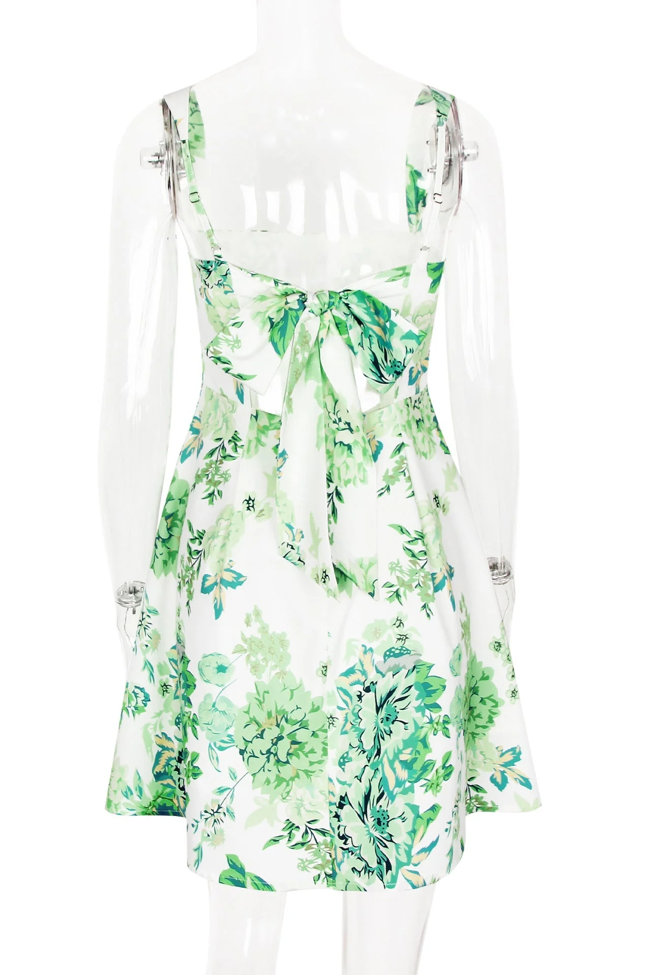 Square Neck Green Floral A-line Short Dress