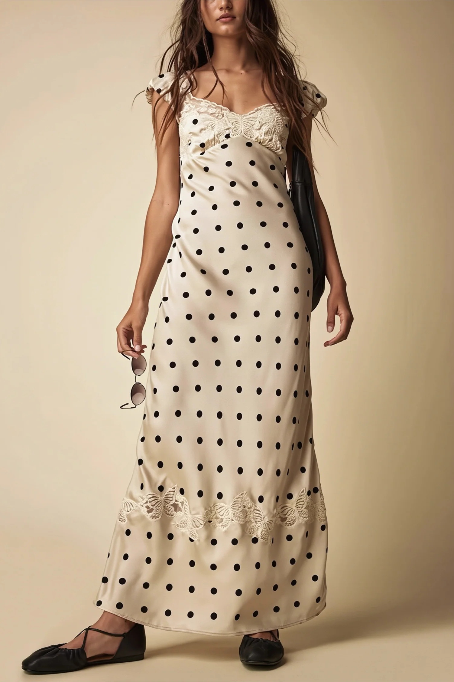 Lace Splice Satin Polka Dot Maxi Dress