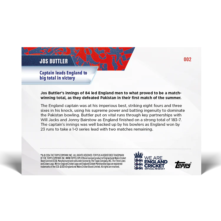 Jos Buttler - Captain leads England to big total in England victory - 23/24 ECB TOPPS NOW® Card 2 - PR:22