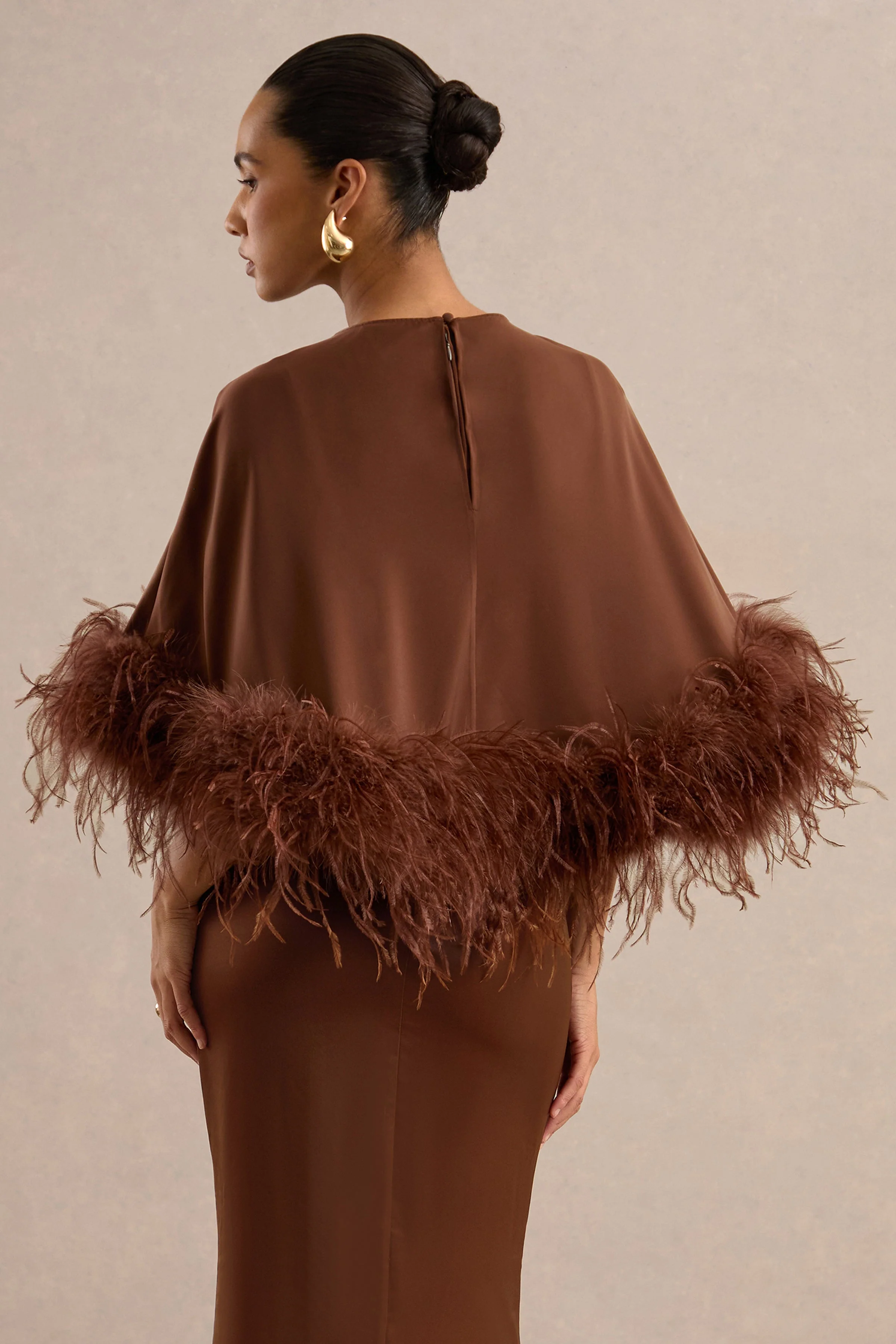 Tervessa | Brown Satin Round Neck Long Sleeve Cape With Feather Detailing