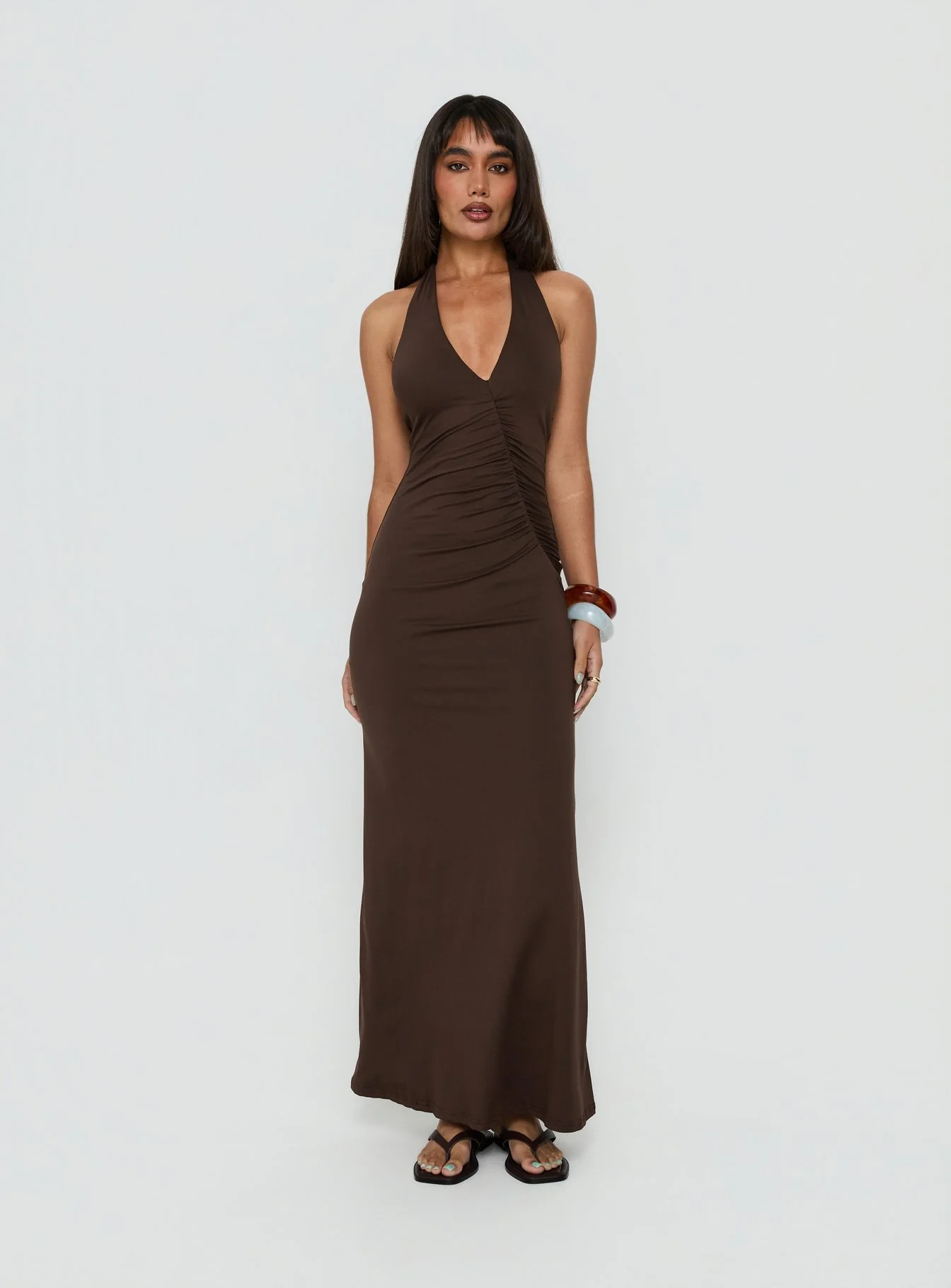 Cadira Ruched Halter Maxi Dress Chocolate