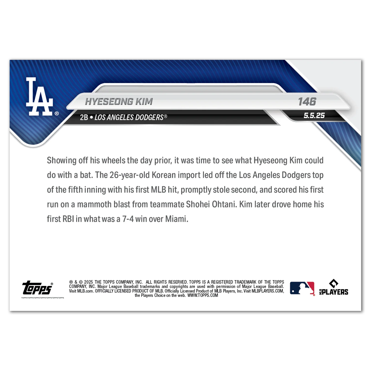 Hyeseong Kim - 2025 MLB Topps NOW® - Card 146