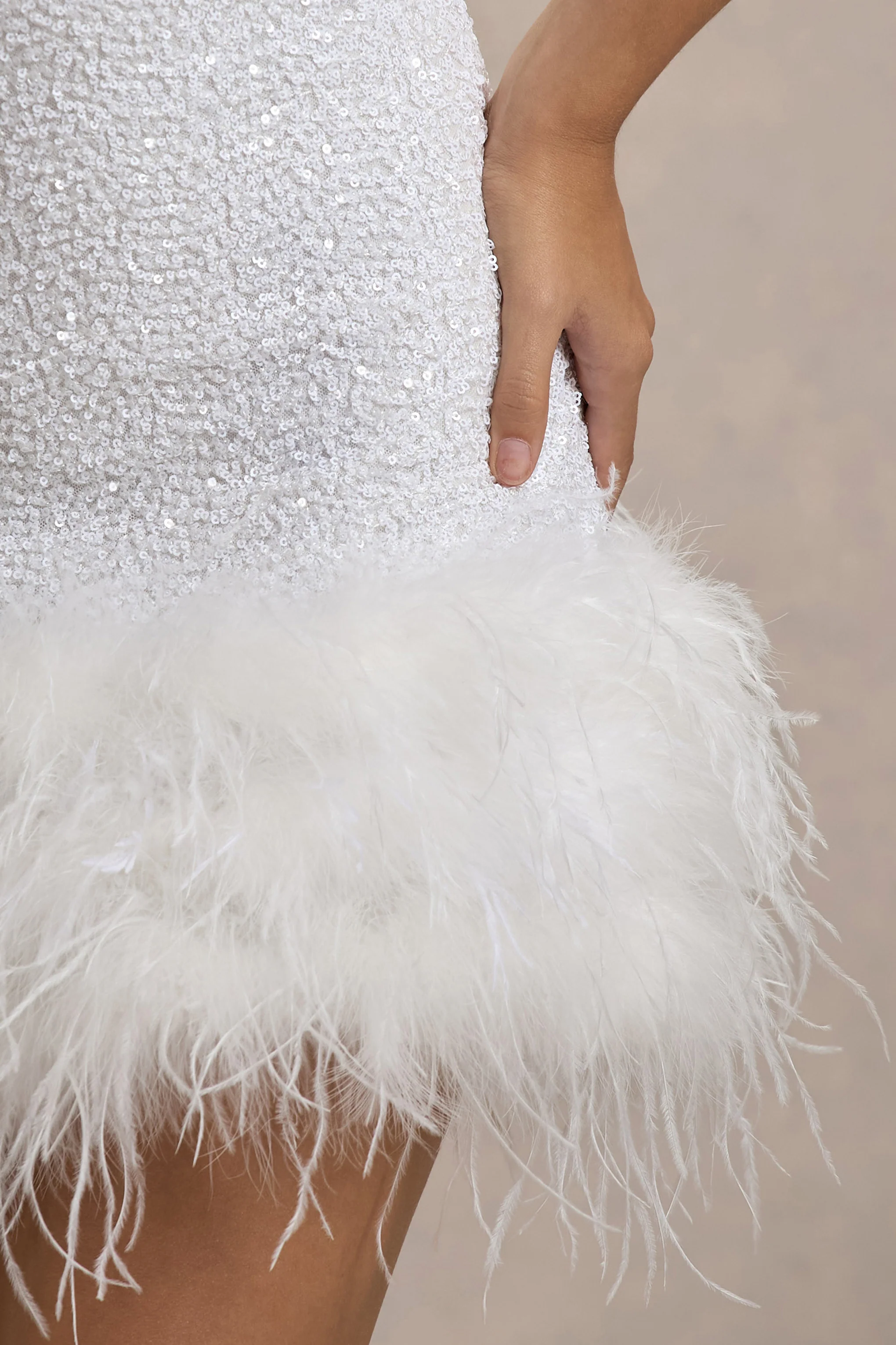 Lumi | White Sequin High-Neck Feather Trim Mini Dress